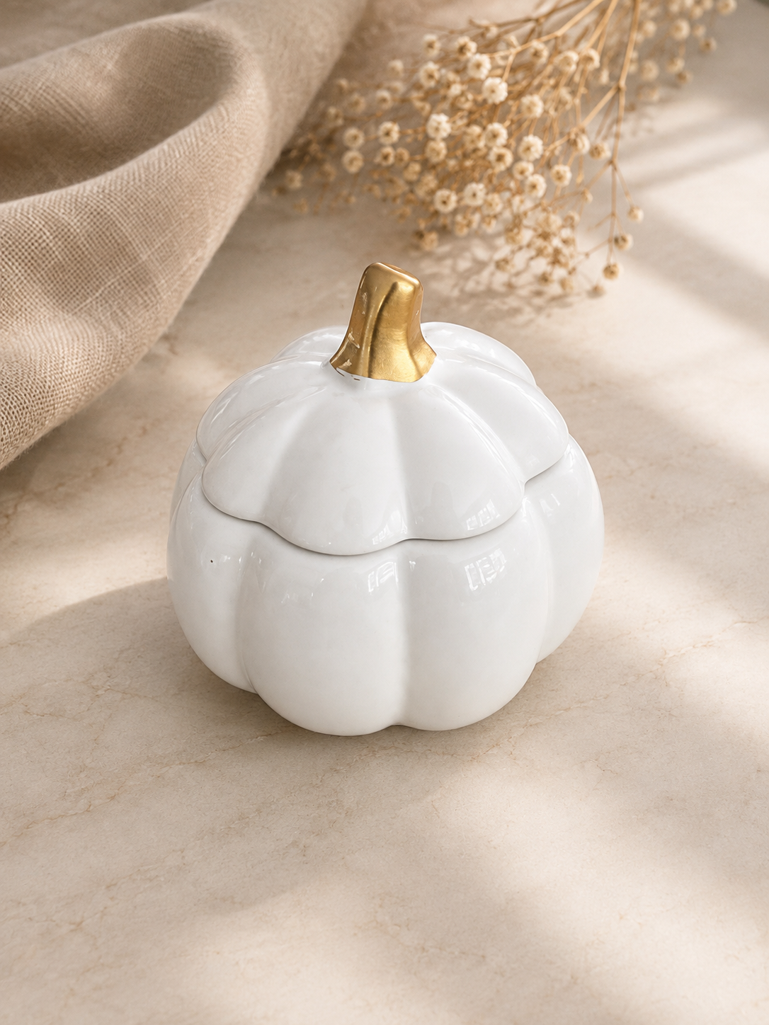 Golden Harvest Pumpkin 8 oz soy candle oil classic white ceramic pumpkin vessels with elegant gold stem, hand-poured in Farmington, CT.