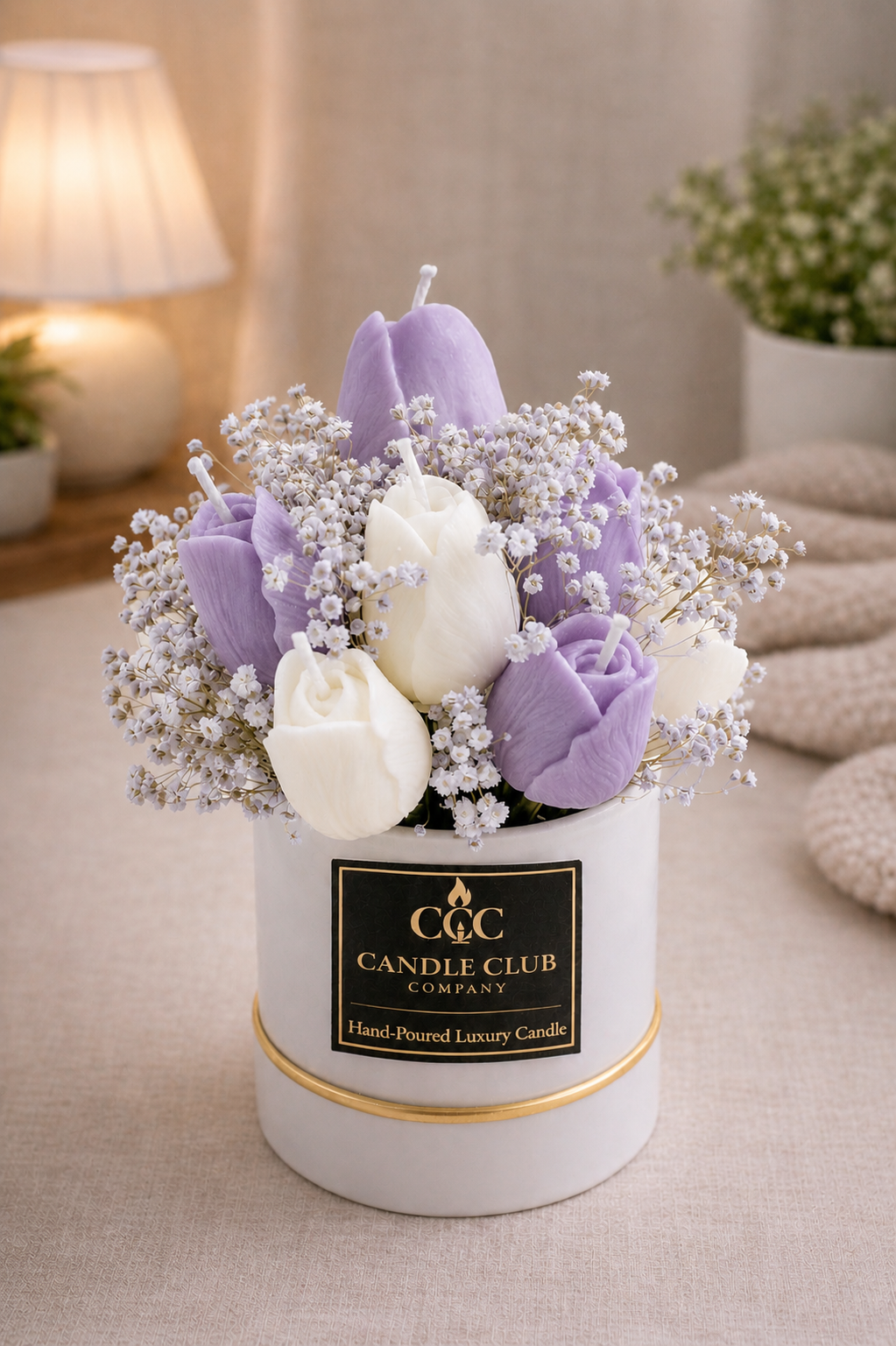 Lavender and ivory tulip candle bouquet with soft floral details – elegant handcrafted soy candle arrangement