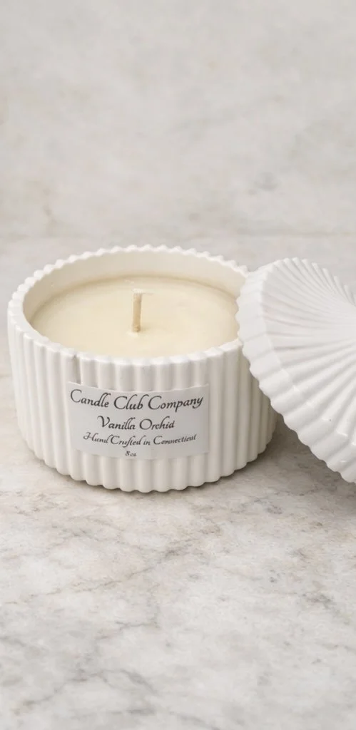Luxury 8 oz soy candle with decorative lid handcrafted in Farmington Connecticut