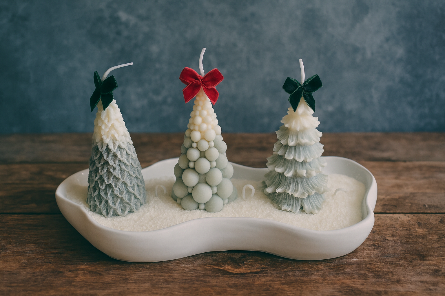 “Hand-poured Christmas tree candle trio – unique molded soy candles USA handmade”