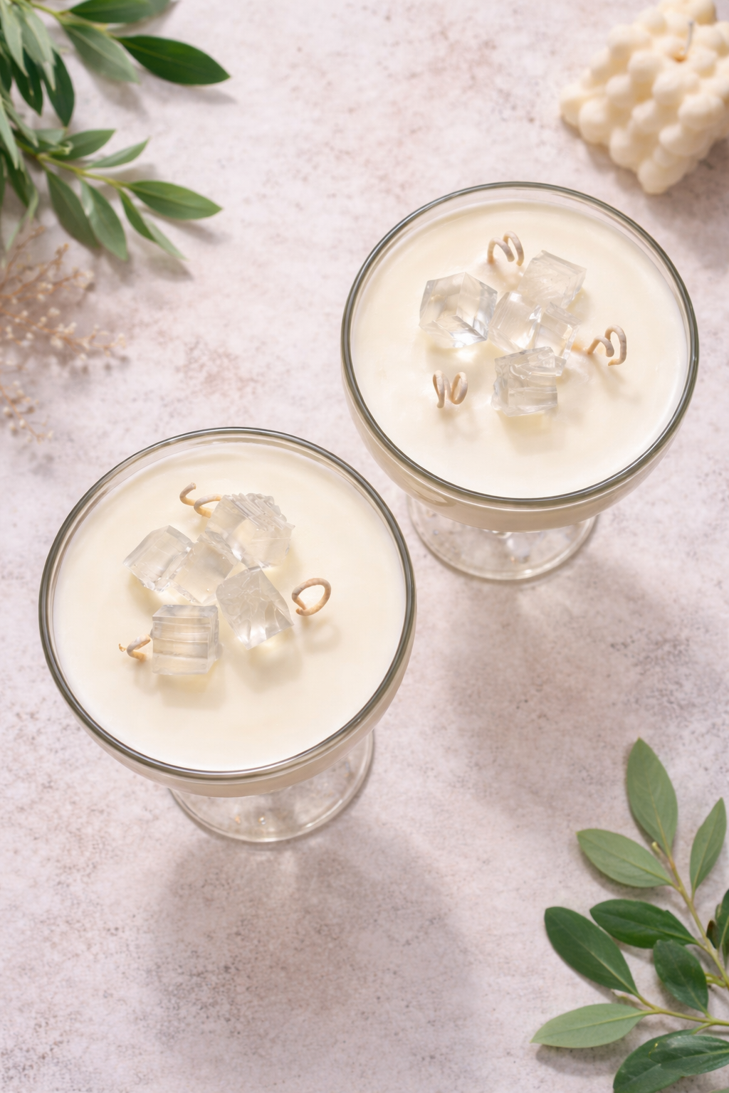 Crystal ice wax detail on handmade cocktail glass soy candle