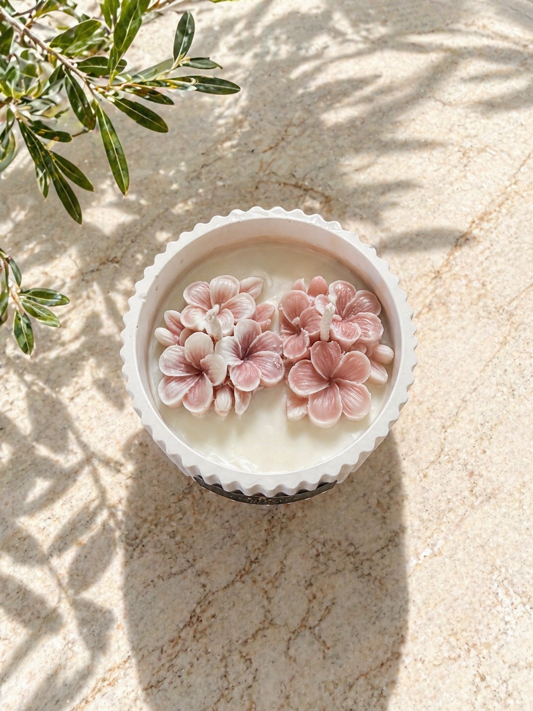 Top view of Luxury Floral Duo Candle showing detailed blush floral wax embeds in creamy soy wax.