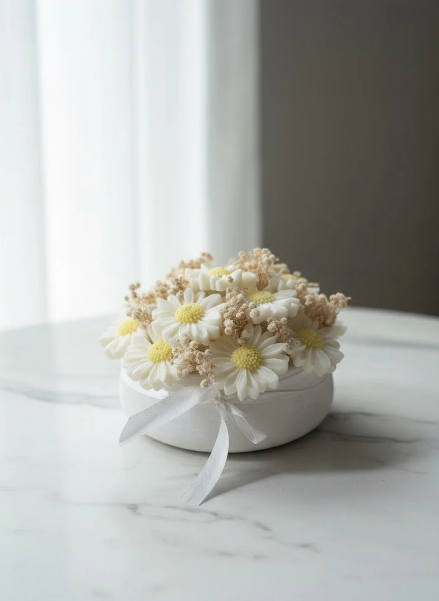 A white ceramic bowl with a white ribbon bow, filled with white daisies and small beige flowers, placed on a white marble surface near a window with sheer curtains.