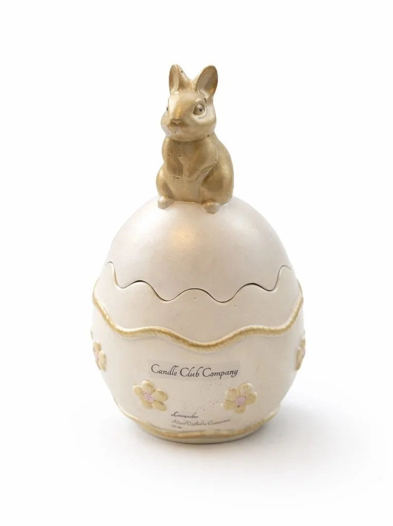 Luxury gold accented bunny egg candle by Candle Club Company, decorative 8 oz soy wax Easter candle handmade in Connecticut