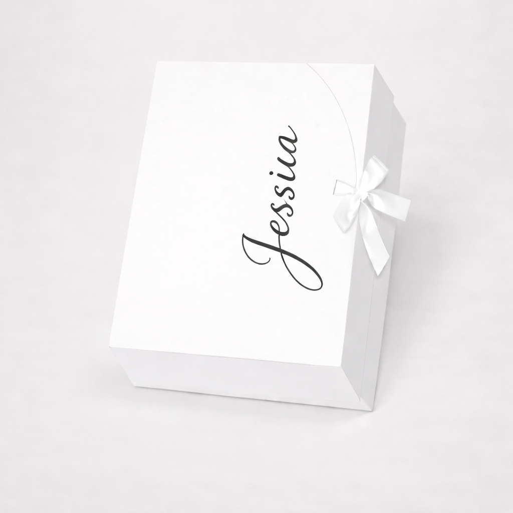 Bridesmaid proposal gift box with personalized name and white keepsake packaging by Candle Club Company