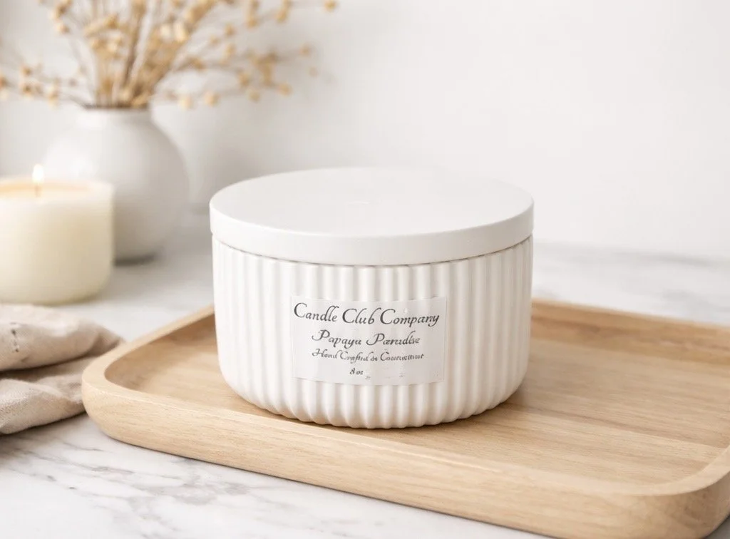 Luxury ribbed ceramic soy candle by Candle Club Company handcrafted in Farmington Connecticut on wooden tray