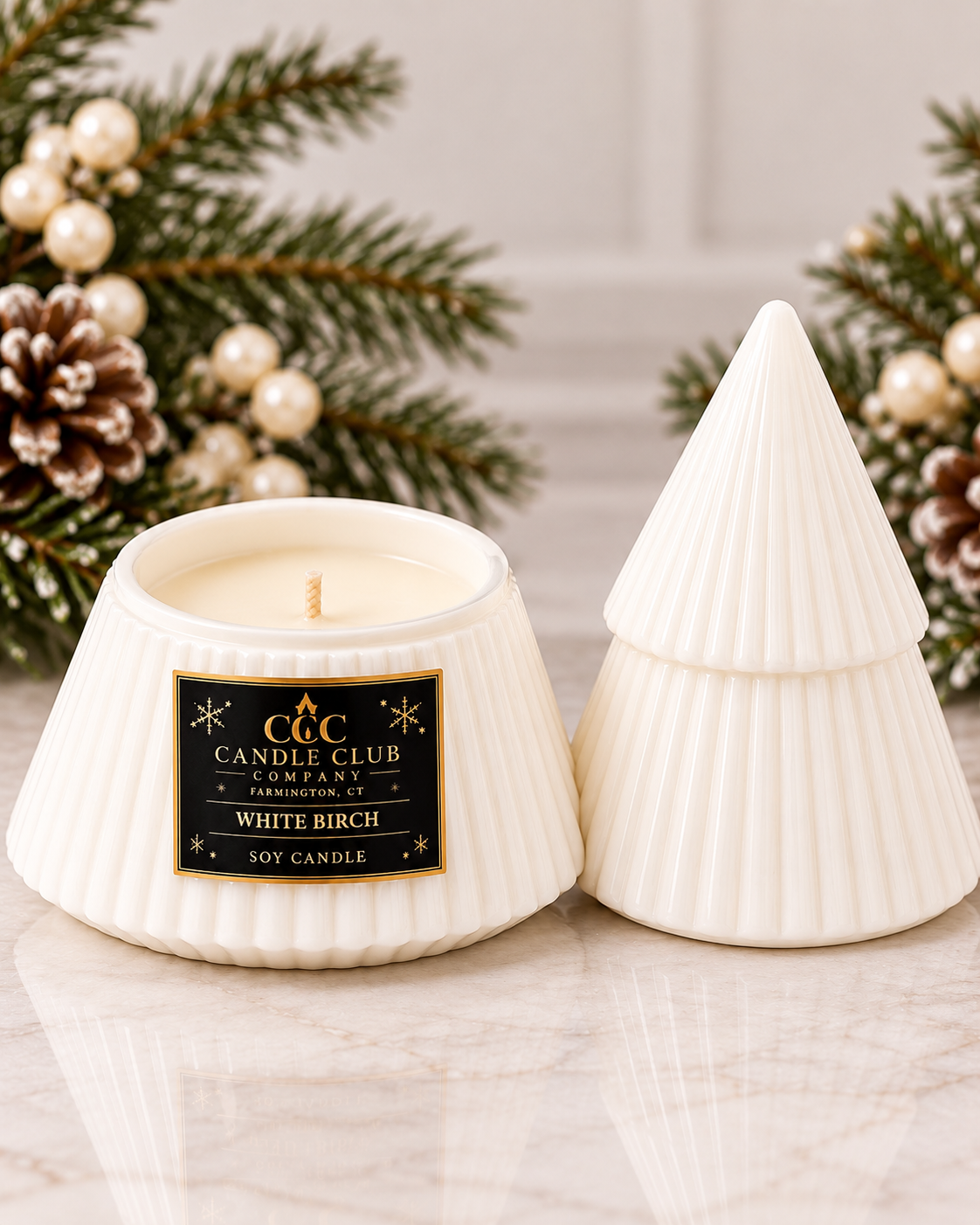 Winter White Christmas Tree Candle with matching lid by Candle Club Company