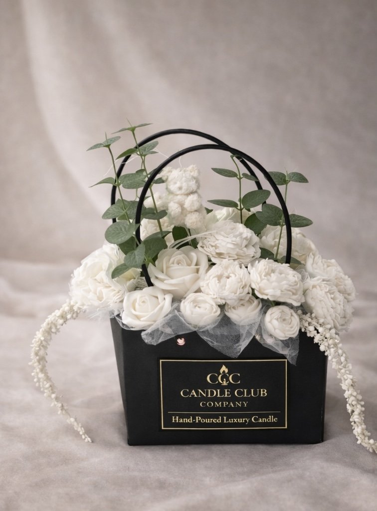 Luxury white floral candle bouquet in black gift box with greenery and handcrafted soy wax flowers