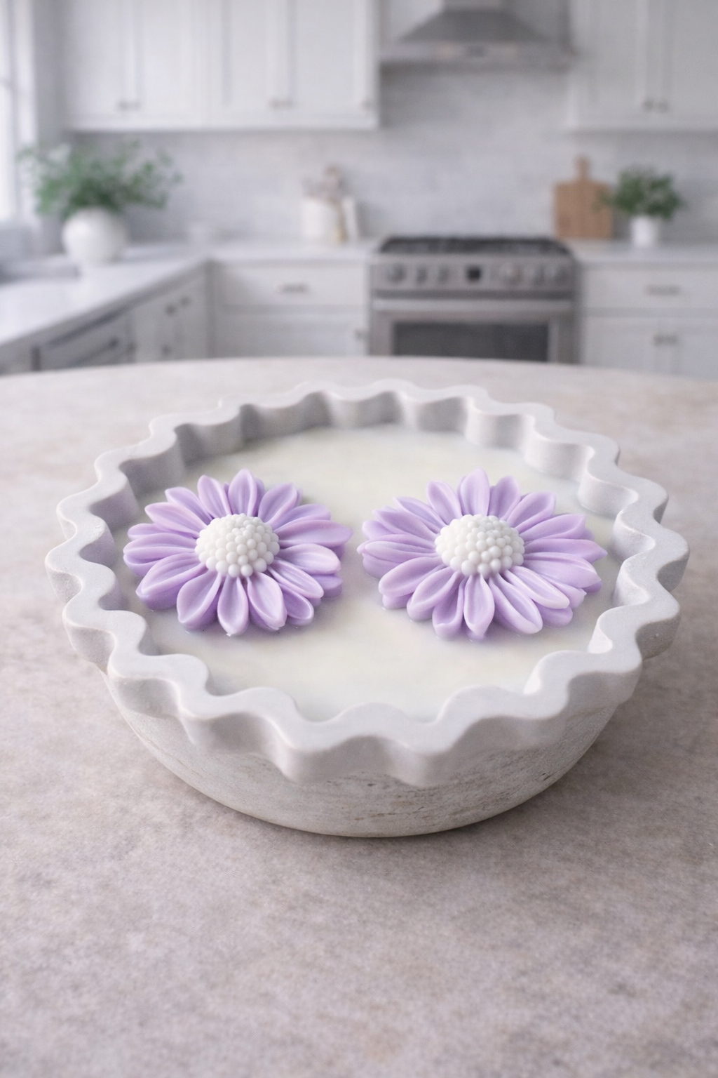 Purple flower soy candle white white floral center in modern white vessel, artisan candle handmade in the USA
