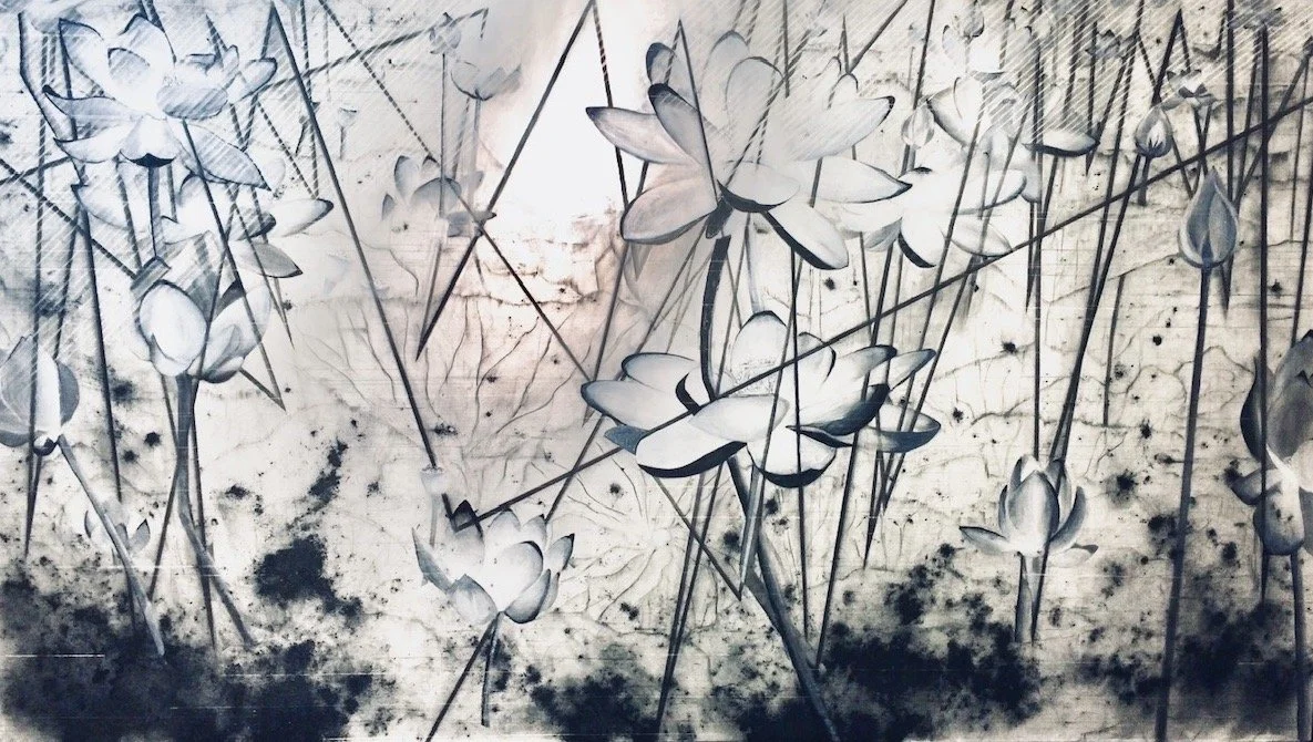 Lotus #4
2021. 
Charcoal, oil, ink and acrylic on canvas 
45” x 7”