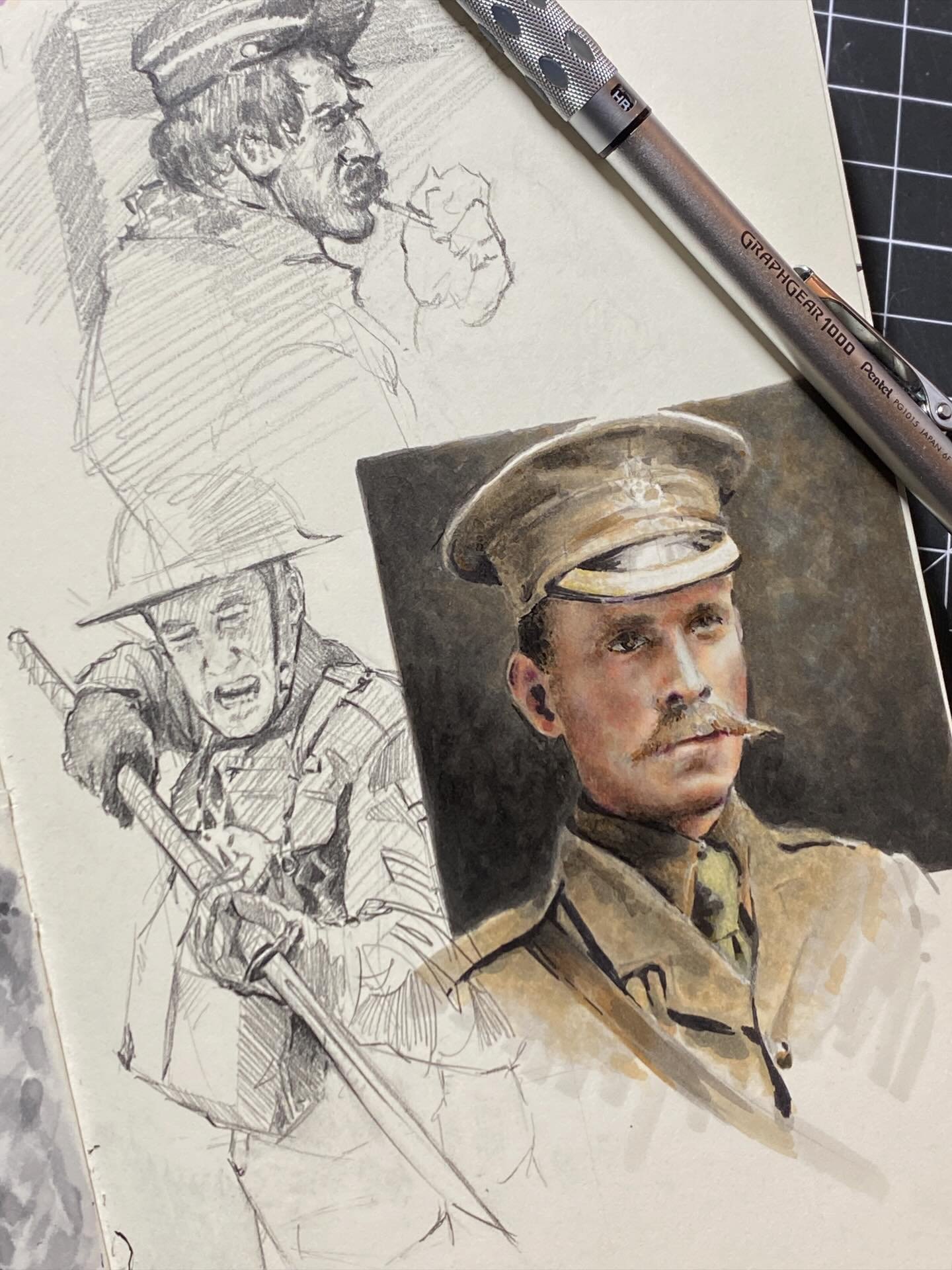 Filling the page up with some WWI portrait sketching. A mix of pencil and marker drawings. #alwaysdrawing #sketchbook #fillthepages #pencilsketch #copicmarkers #WWI #soldier