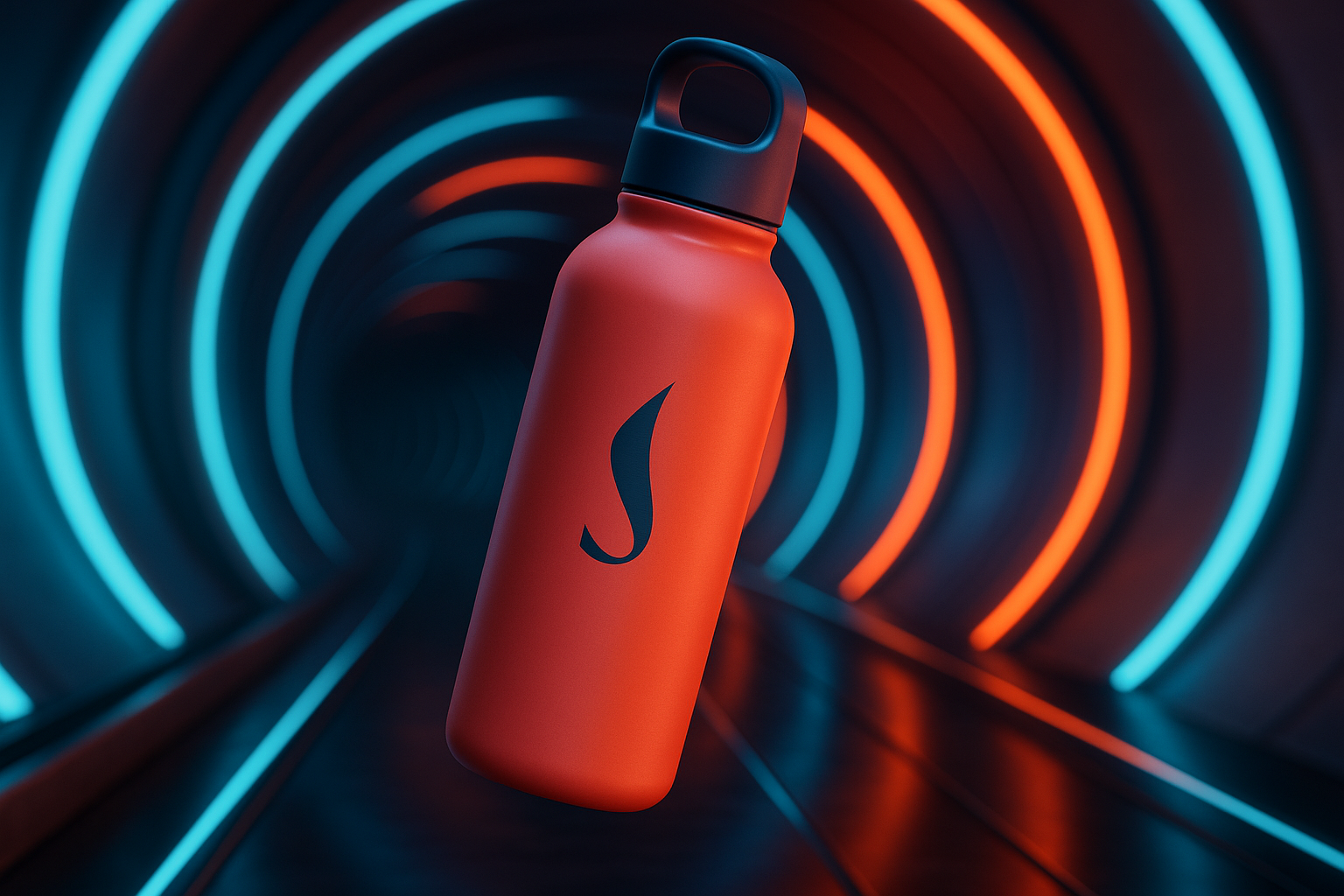 Red water bottle with a dark blue cap and a stylized 'S' logo placed inside a tunnel with blue and orange neon lights.