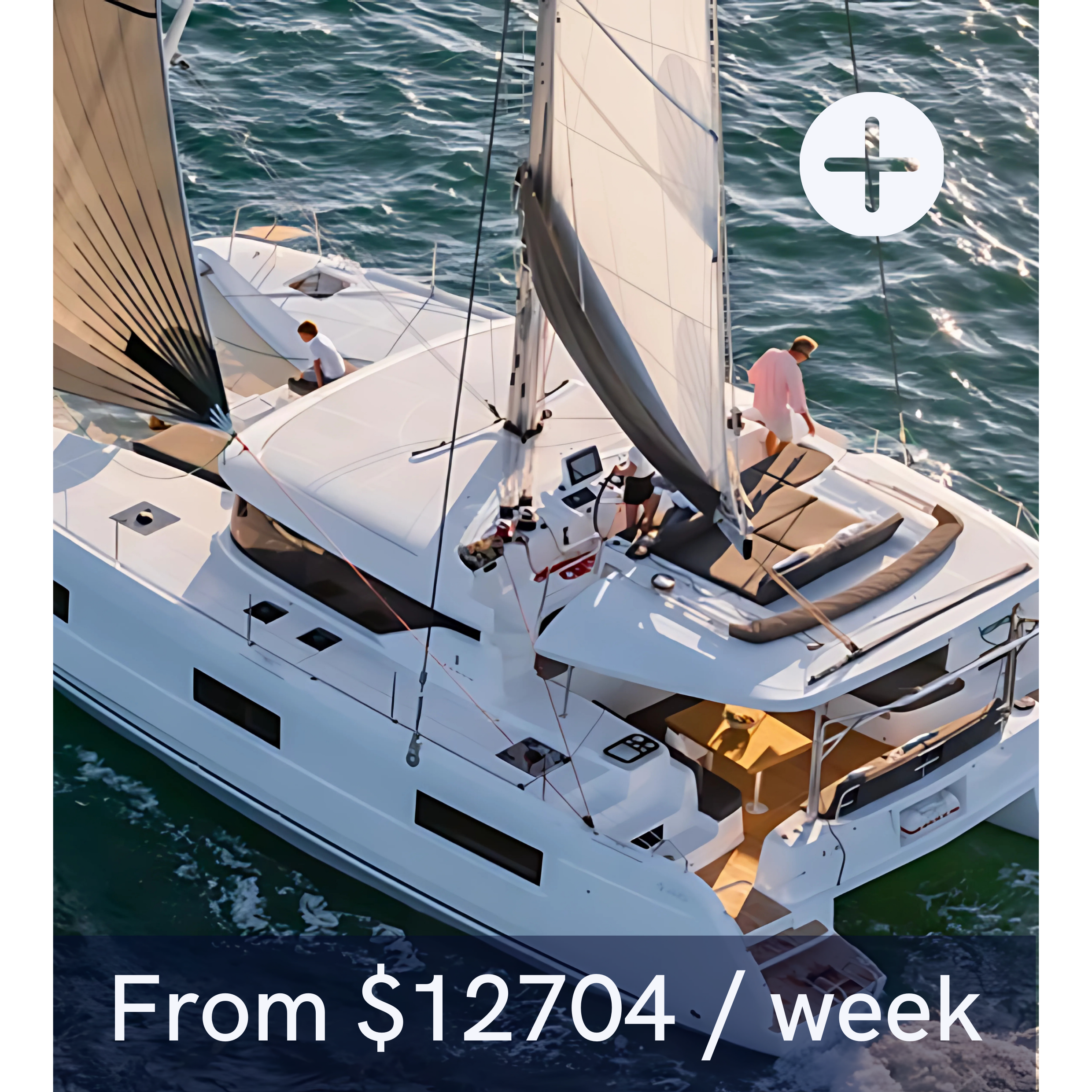Luxury catamaran sailing on the ocean with people on deck and rental price $12704 per week.
