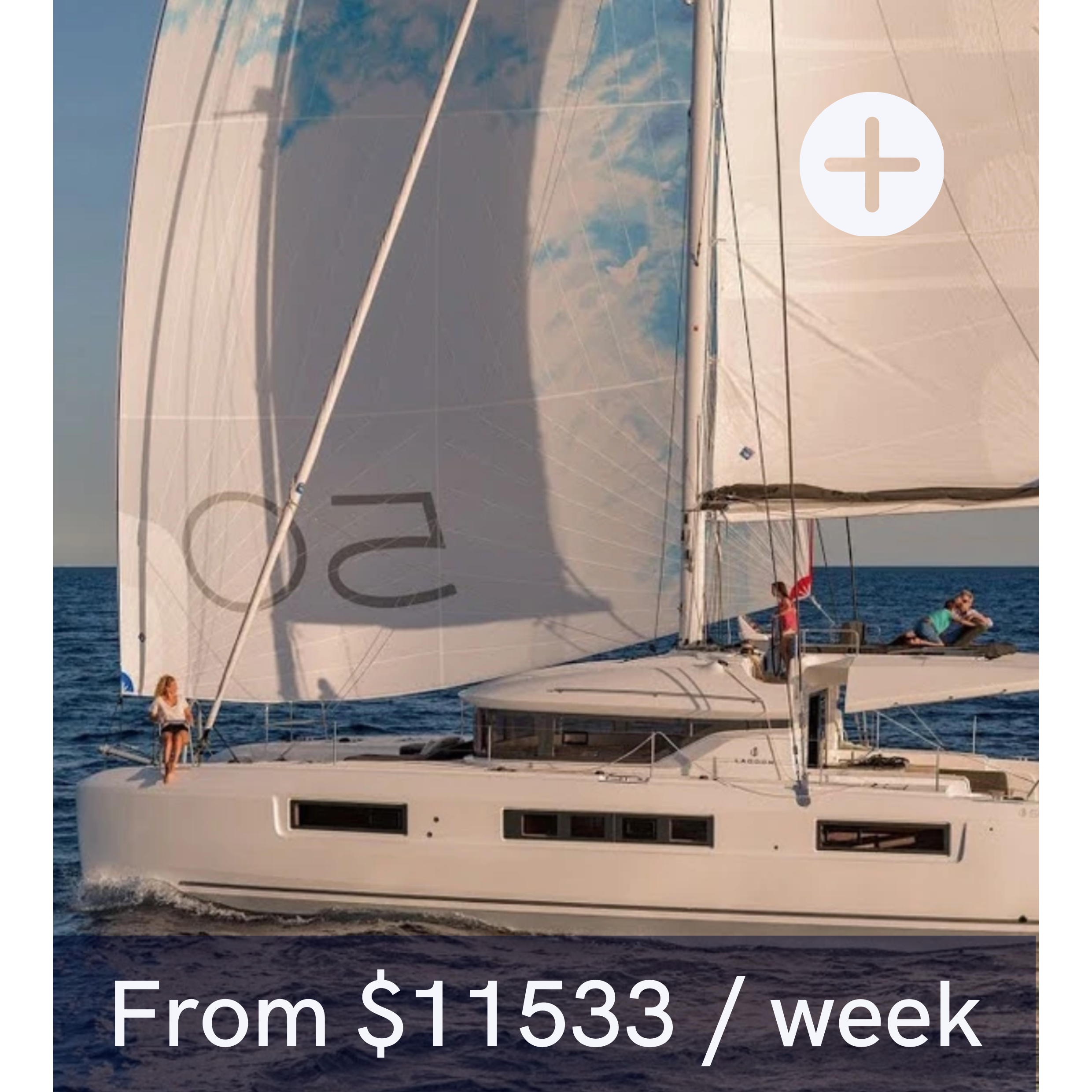 Large catamaran yacht sailing with people on deck, priced from $11533 per week.