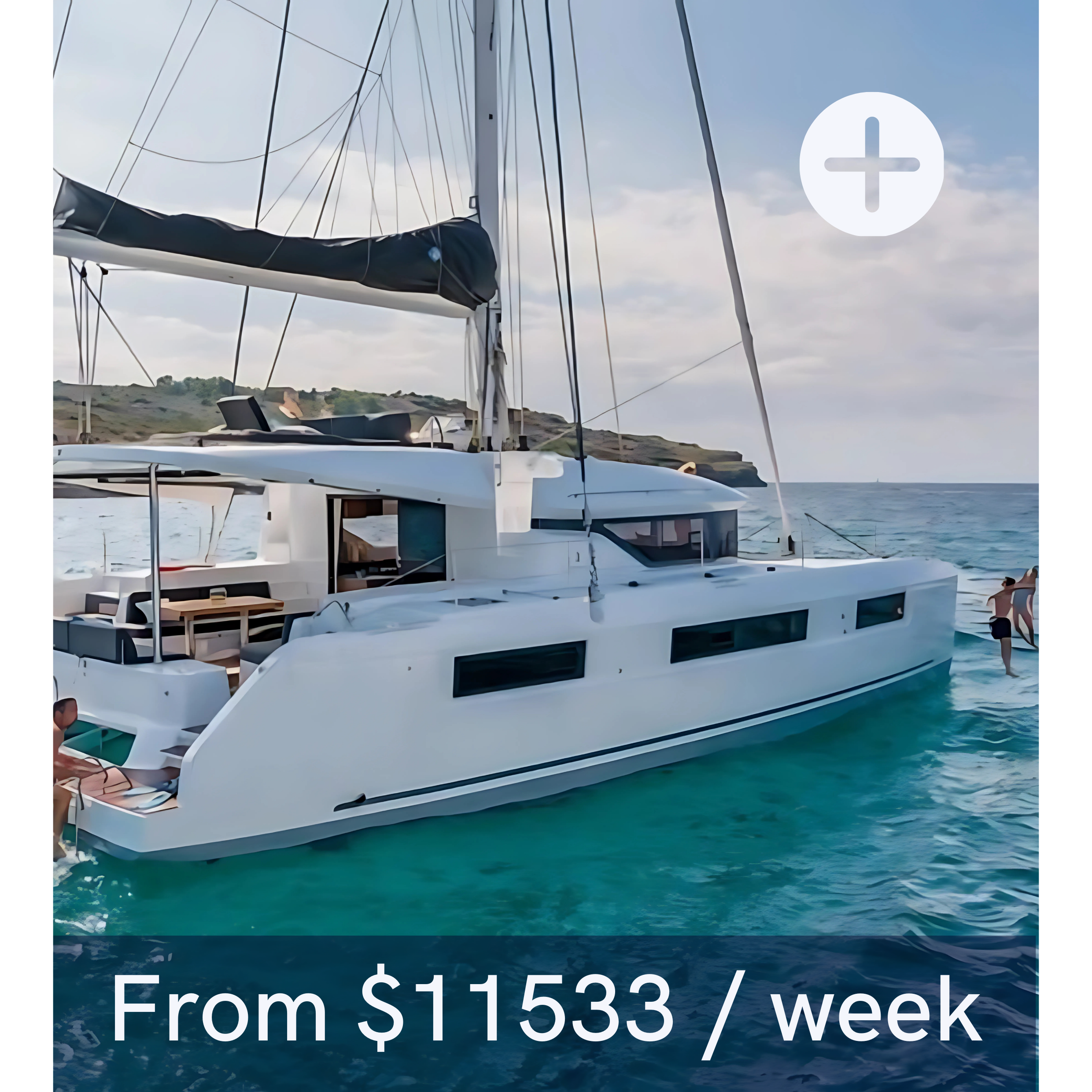 Luxury catamaran on clear blue water with indoor and outdoor seating, partial view of coastline, text overlay "From $11533/week."