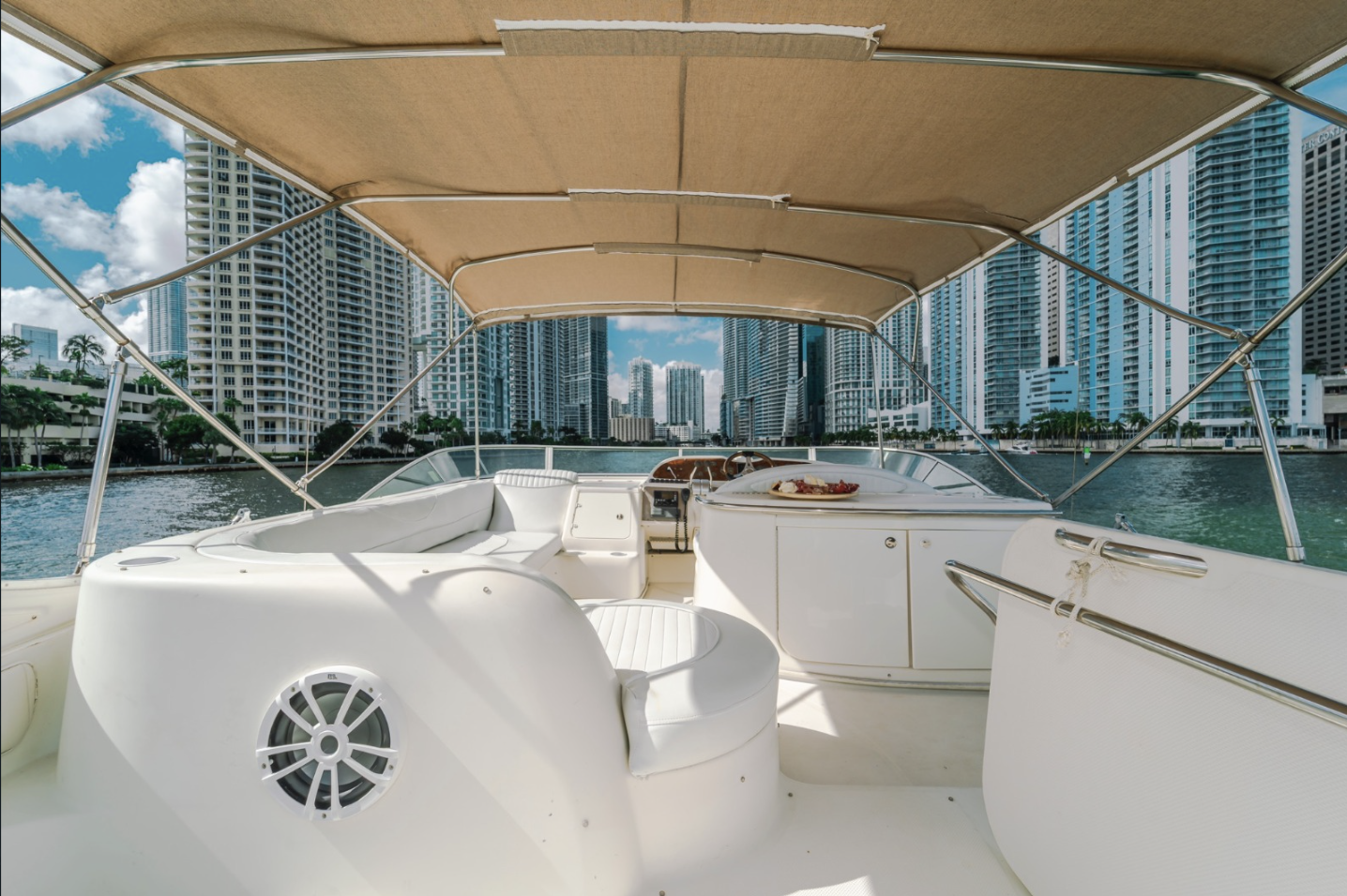 Luxury yacht interior with city skyline view