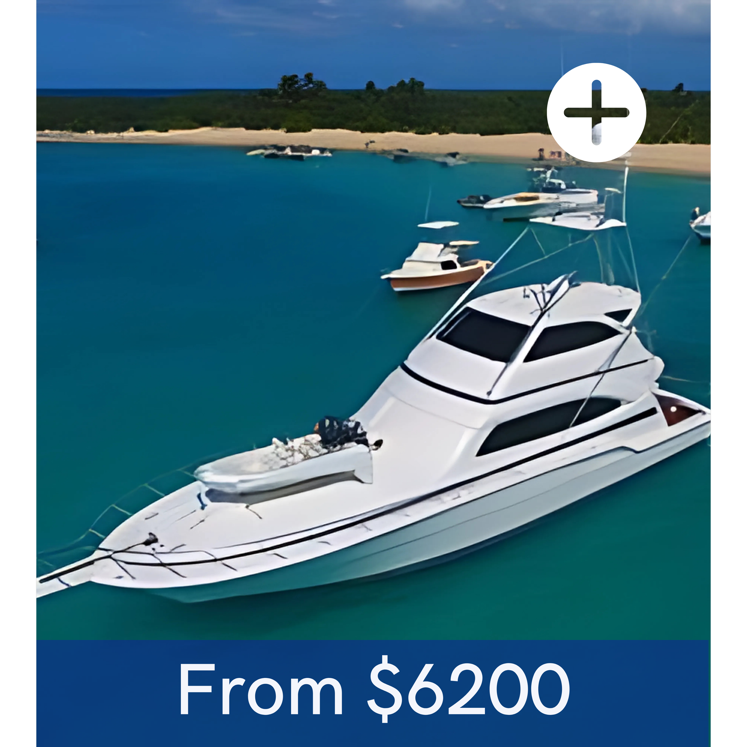Image of a white yacht docked in a marina with other boats and a sandy shoreline with trees in the background.