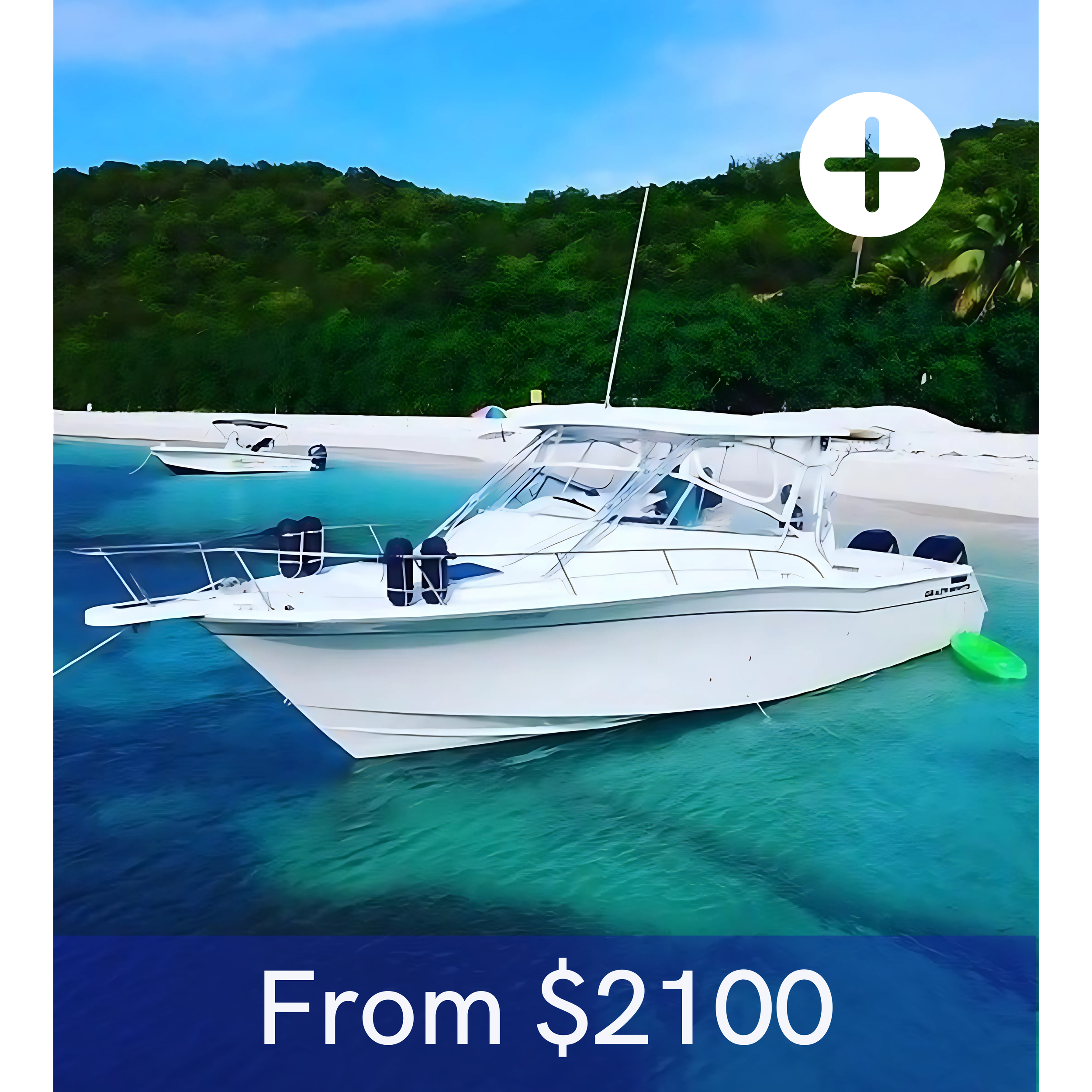 A white motor yacht docked in a harbor with green hills in the background, and a smaller boat nearby. The image has a blue banner at the bottom with the text 'From $2100'.