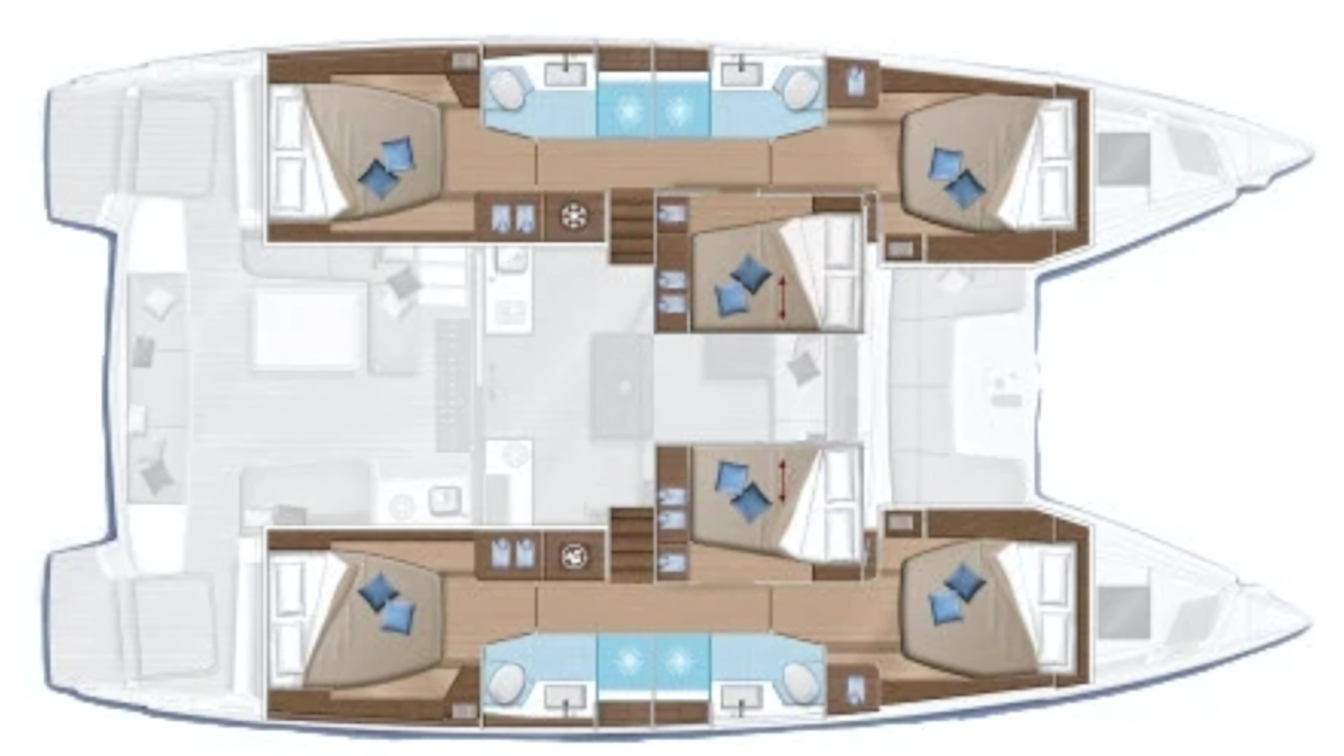 catamaran layout with cabins and bathrooms