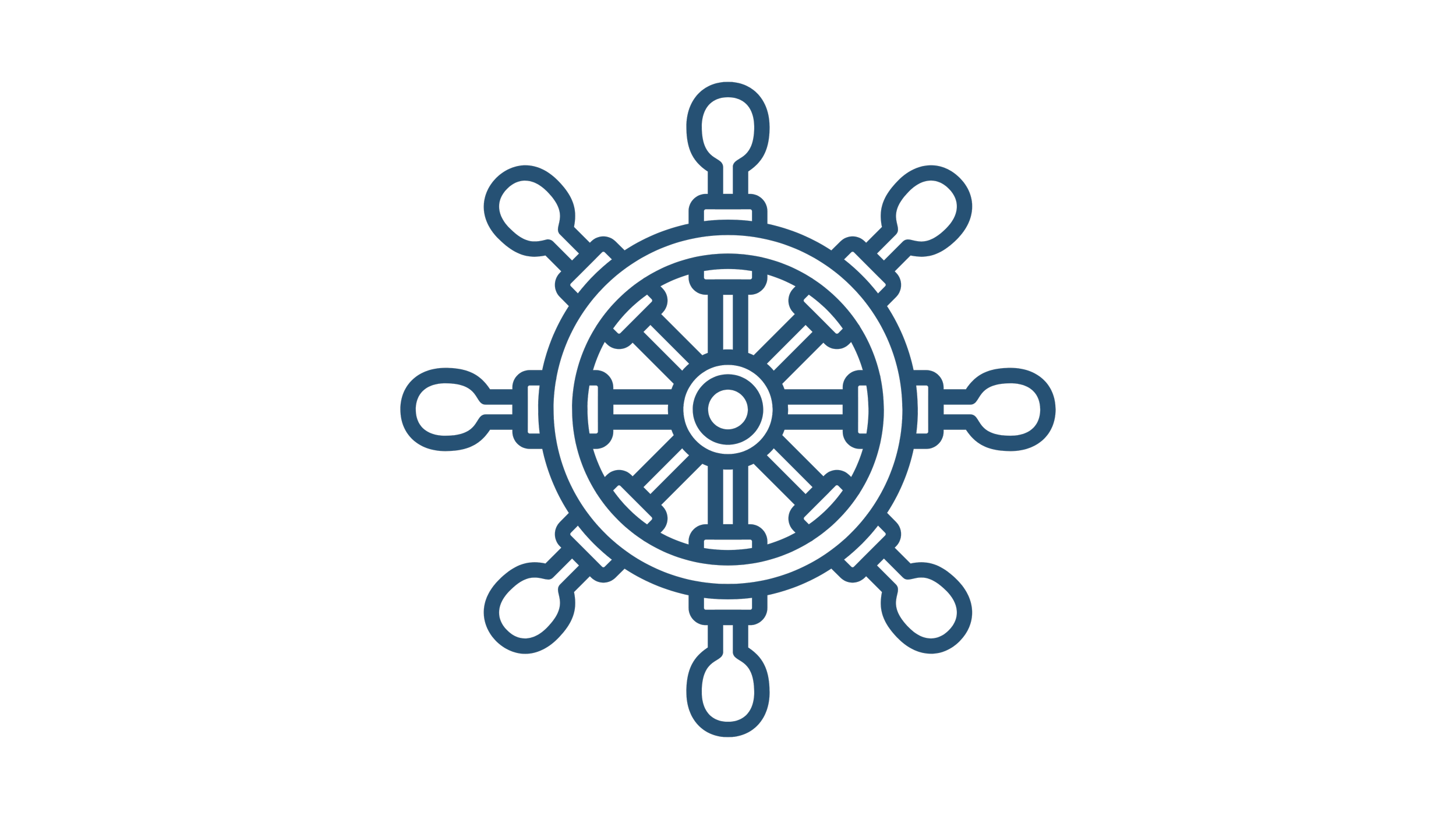 Blue ship's wheel icon on black background.