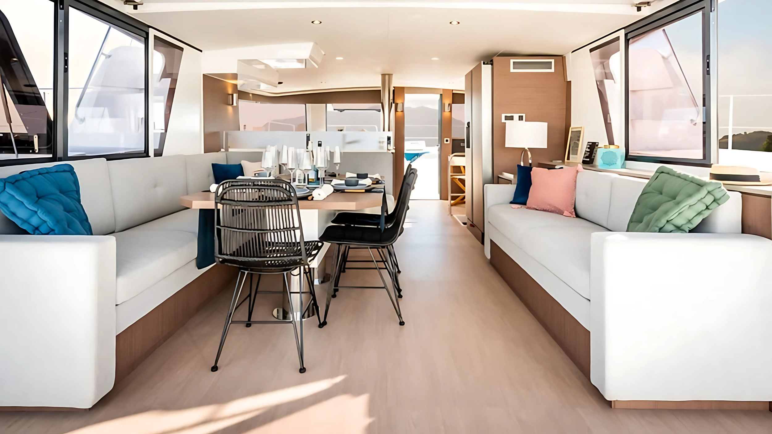 Luxurious yacht interior with dining table and sofas