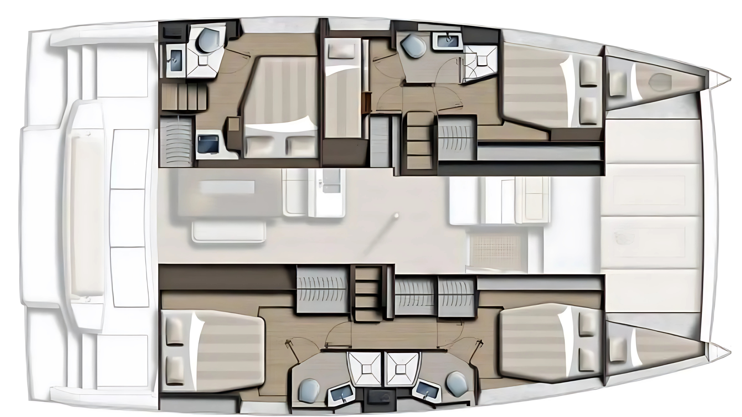 Floor plan of a catamaran with cabins, bathrooms, and living areas.