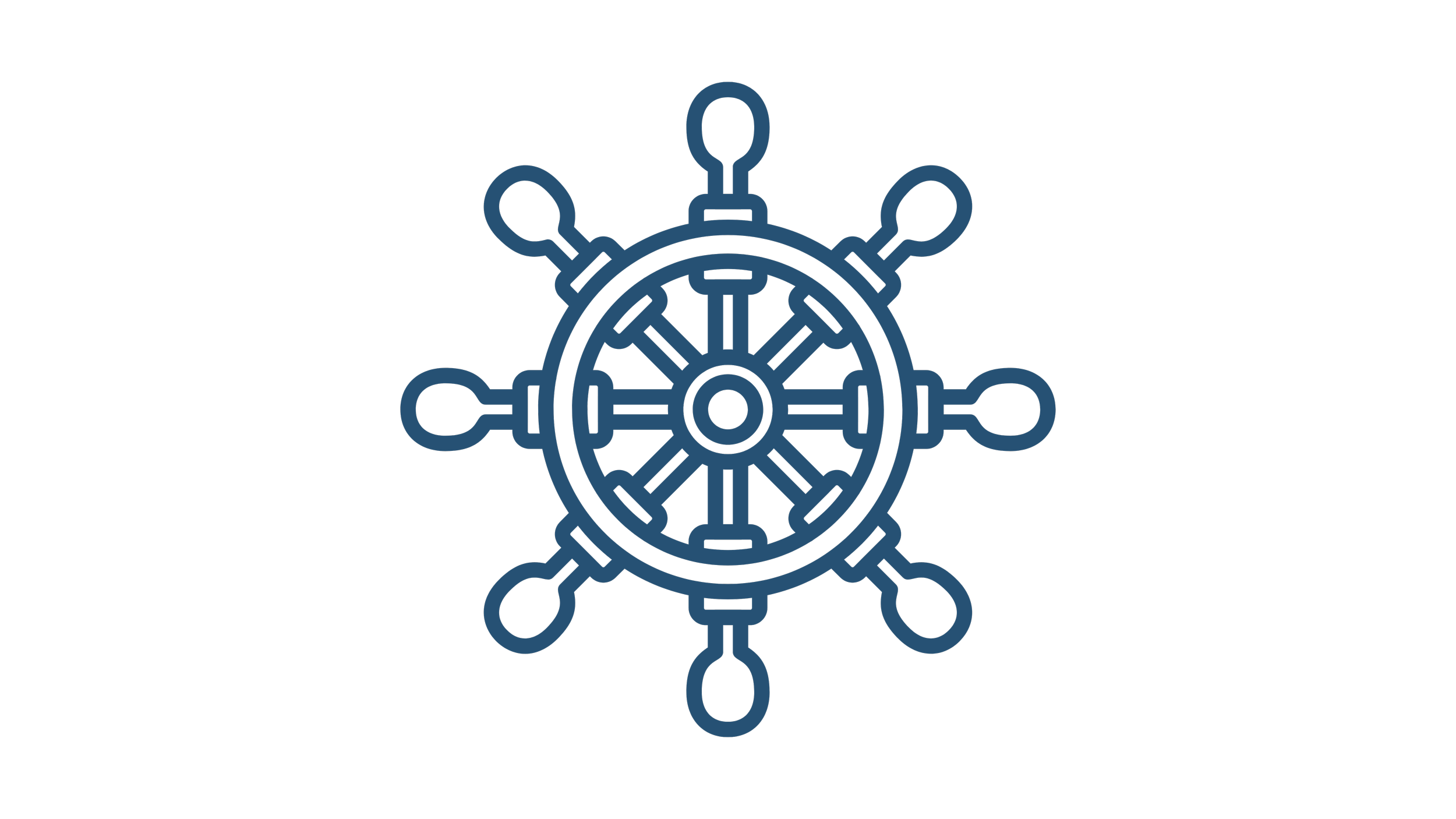 Illustration of a ship's wheel with blue outline on black background.