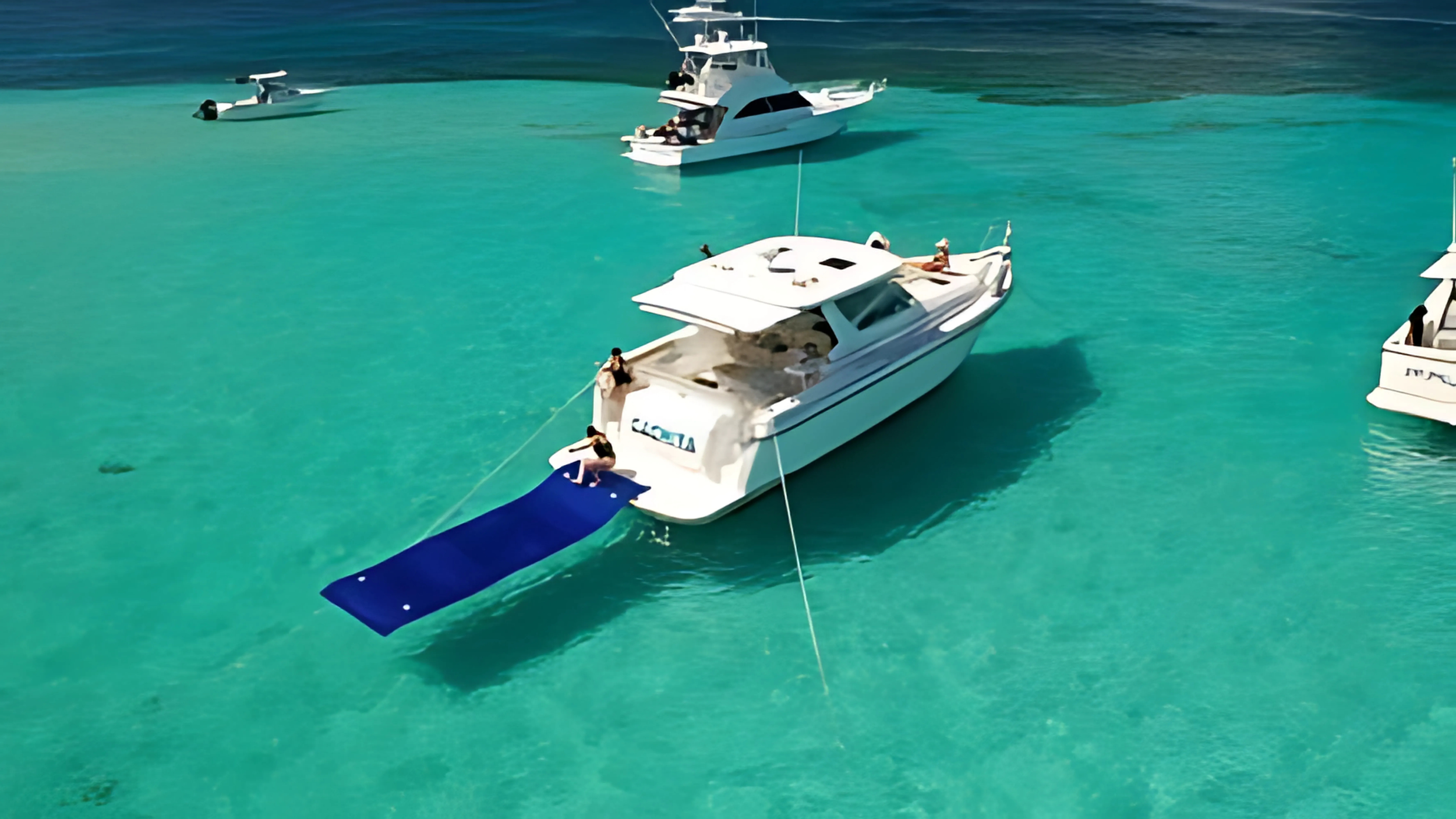 Several white yachts anchored in clear turquoise water with swimmers on board and in the water, some relaxing on the decks and others swimming nearby.