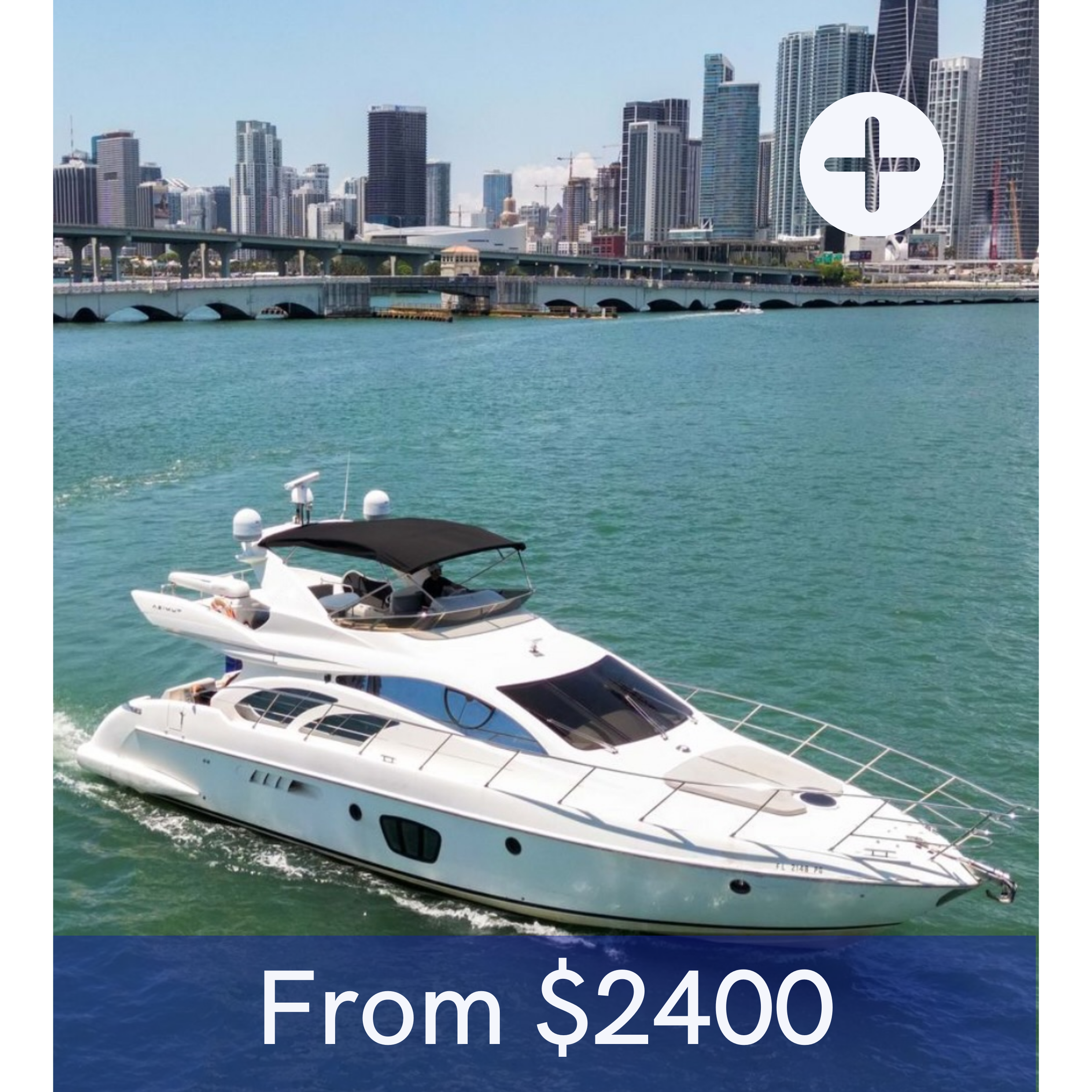 Luxury yacht cruising in city harbor with skyscrapers in background, price starts from $2400.