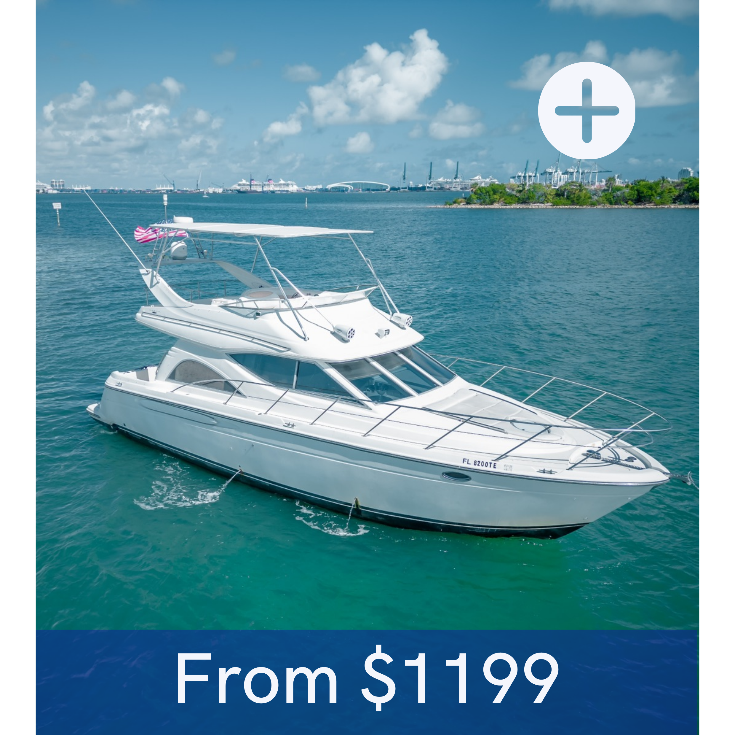 Luxury yacht on blue ocean with city skyline; starting price $1199.