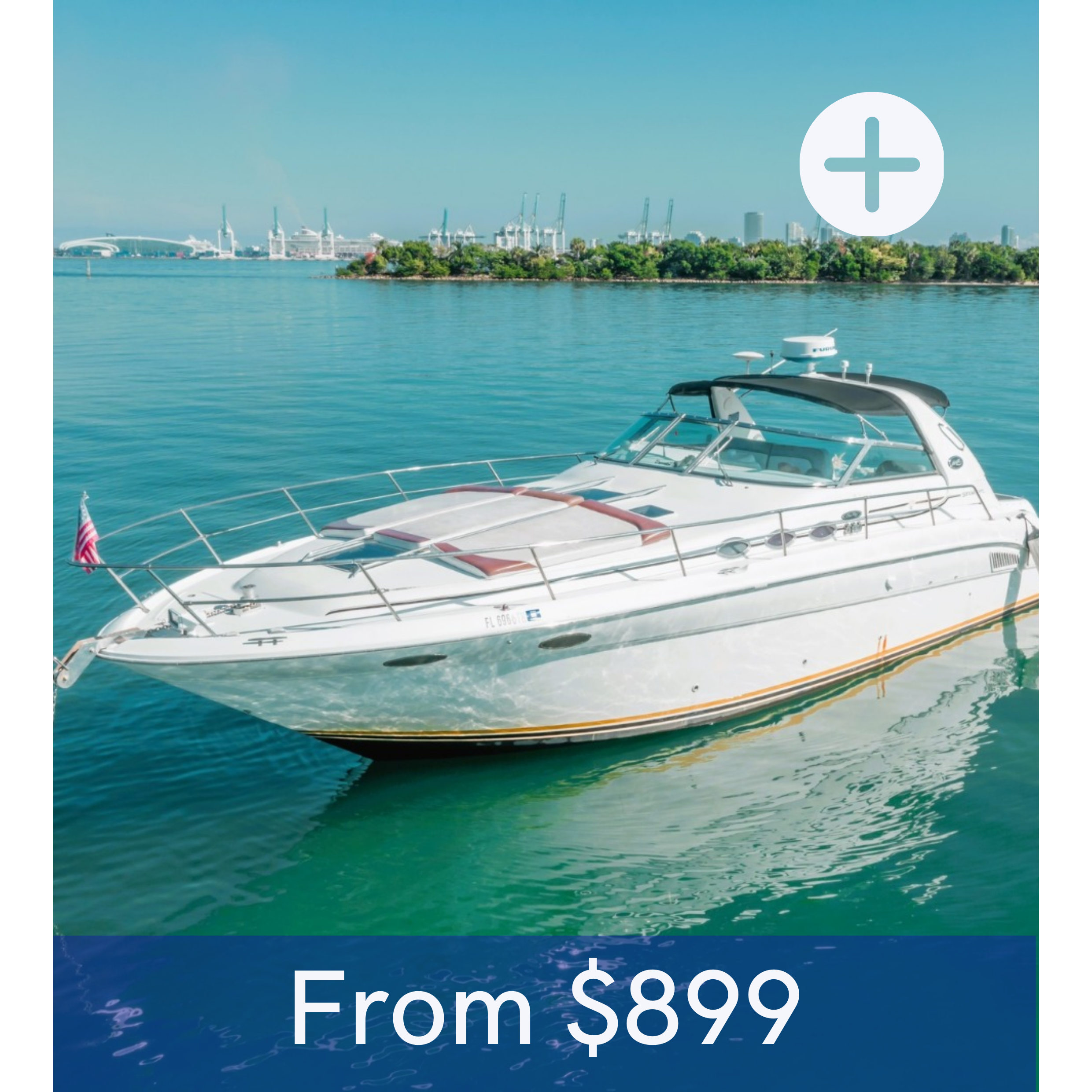 Luxury yacht on blue water with a cityscape background, featuring the text 'From $899'.