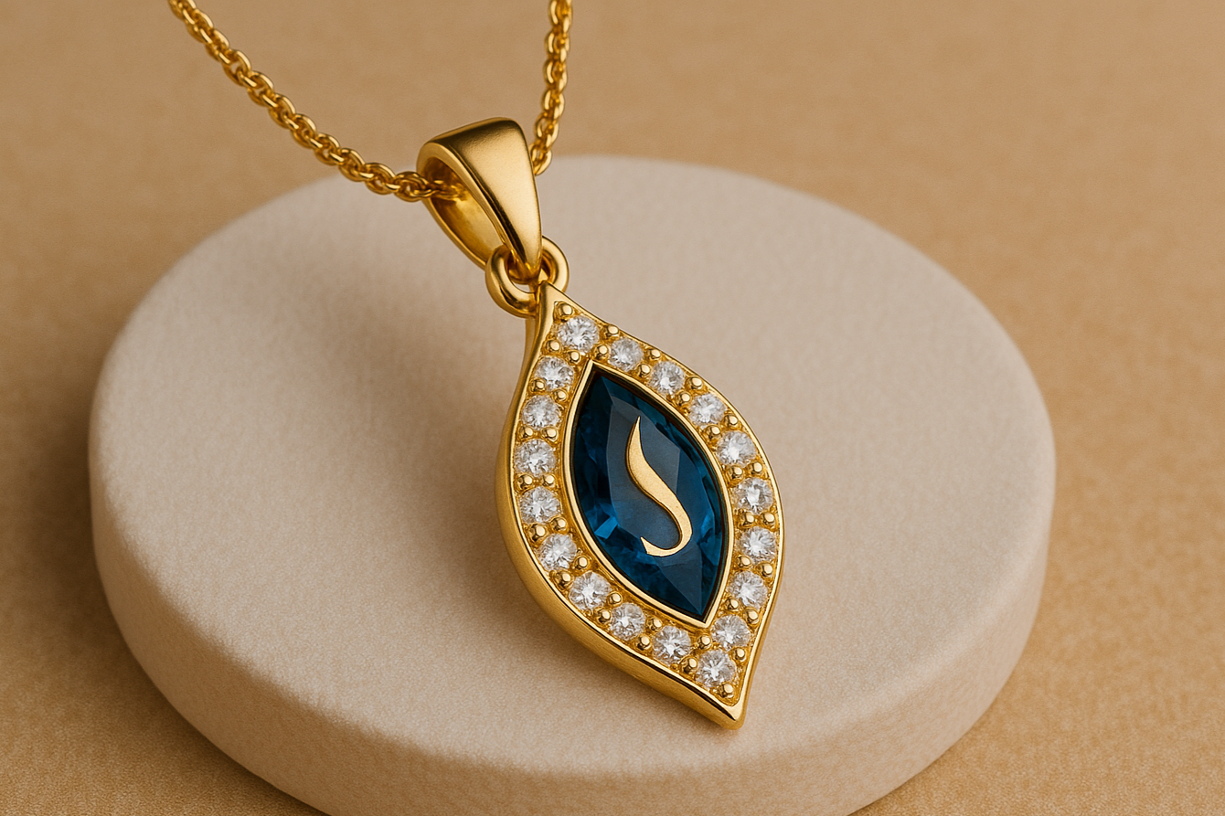 Gold pendant necklace with a teardrop-shaped blue gemstone surrounded by small clear stones, hanging on a gold chain, displayed on a beige surface.