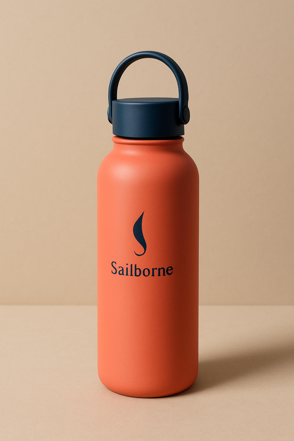 A coral-colored water bottle with a dark blue cap and handle, featuring the Sailbore logo with a flame symbol, placed against a beige background.