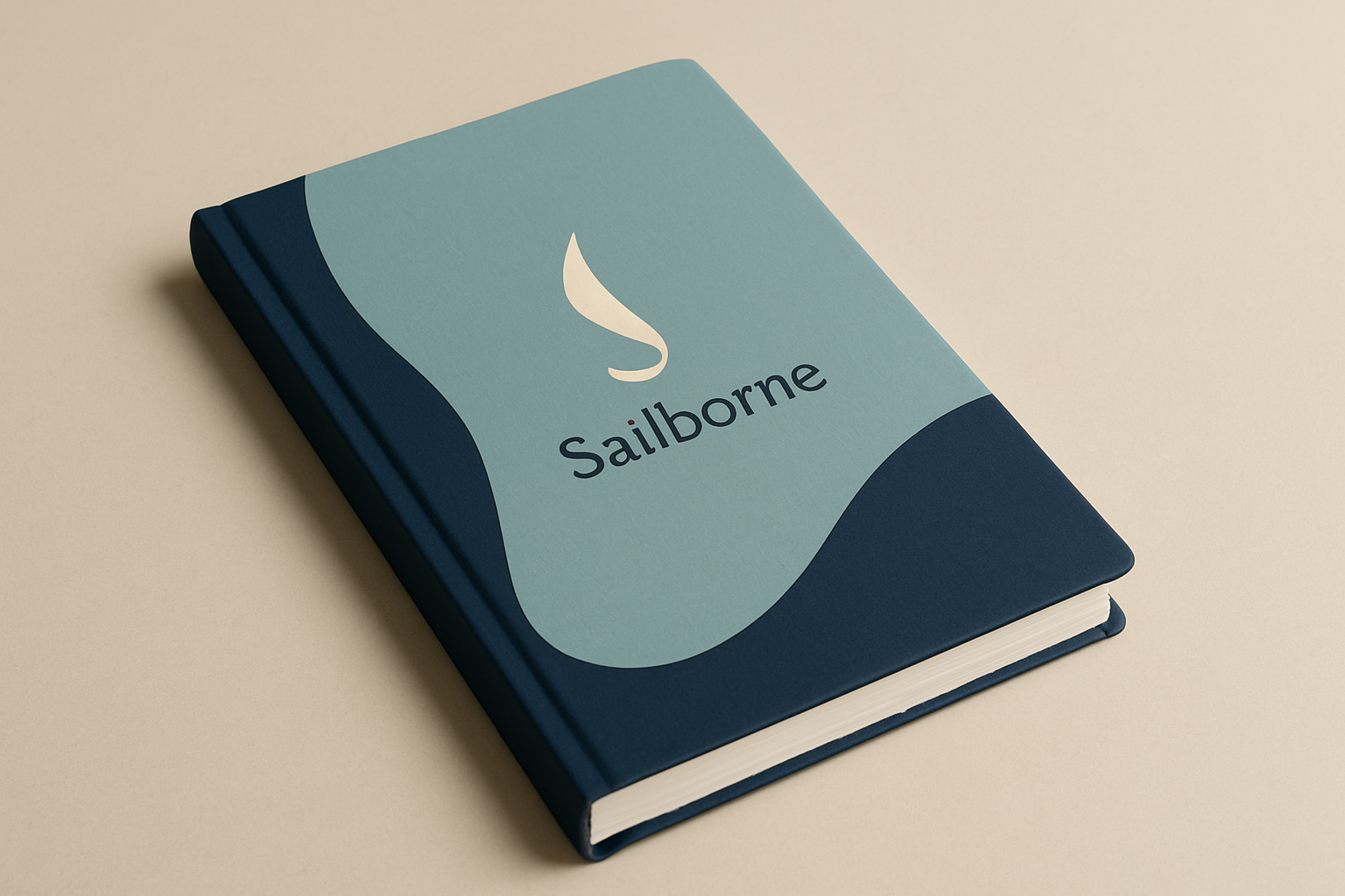 A hardcover book with a blue and light blue cover featuring a sailboat logo and the title 'Sailborne' on a beige surface.