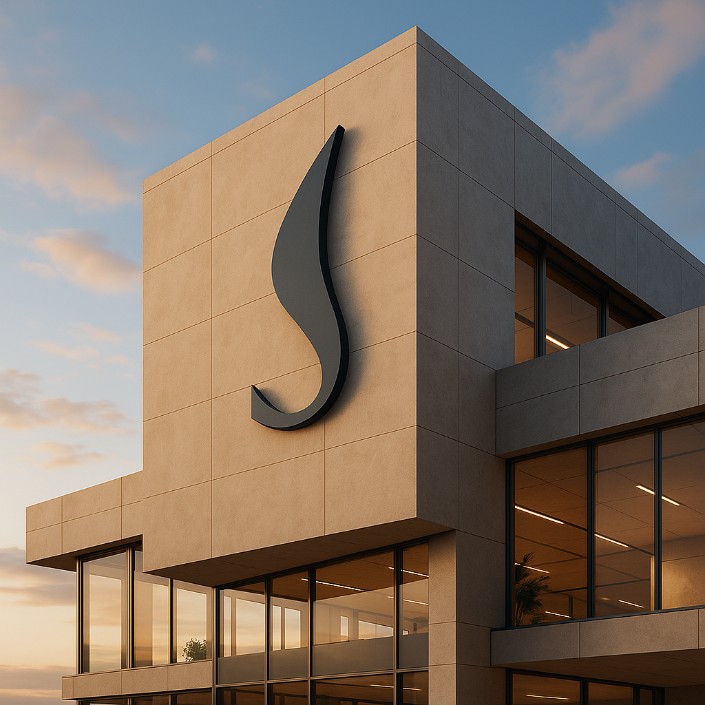 Modern building with a large curved logo on the corner, some windows reflecting the sunset sky.