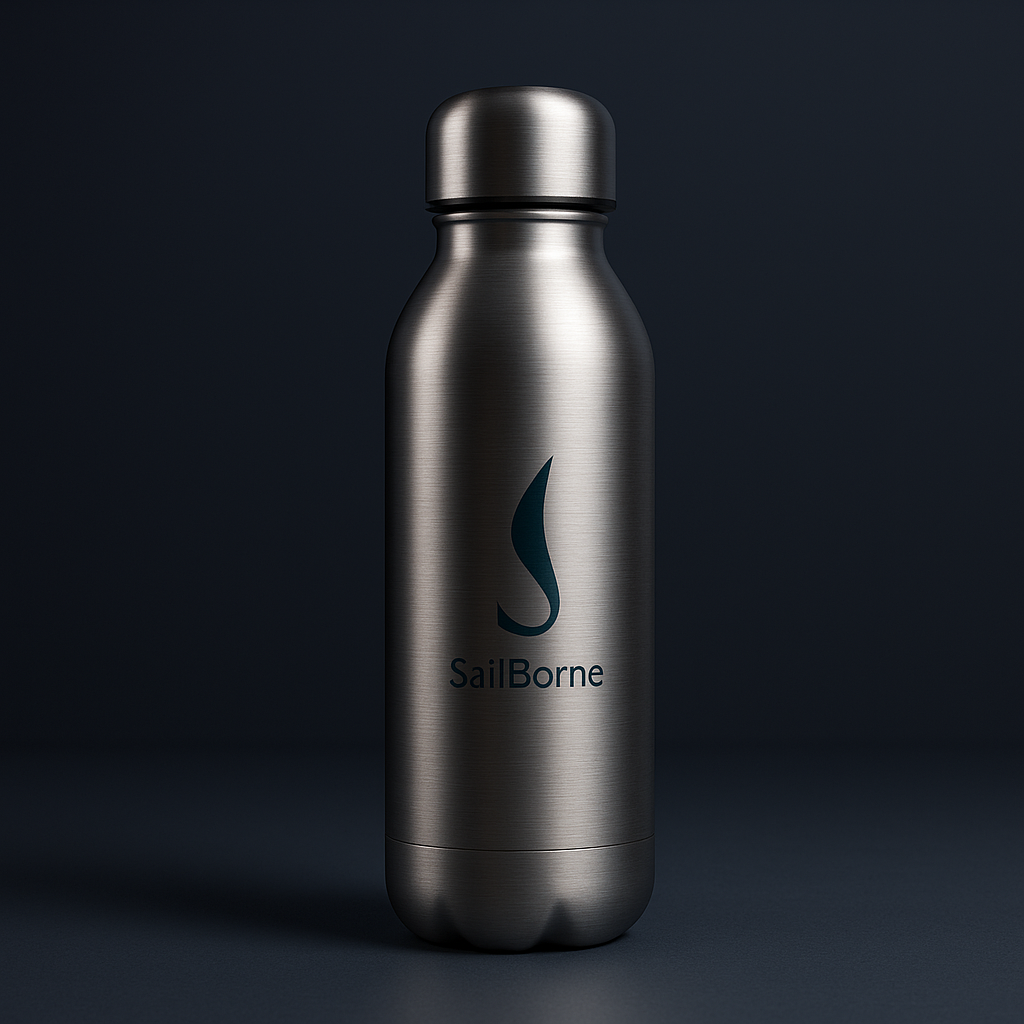A stainless steel water bottle with a sleek design and a logo featuring a stylized sailboat, labeled "SailBorne," against a dark background.