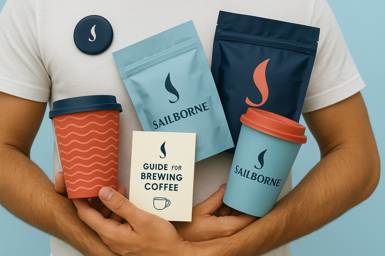 A person holding several Sailbourne coffee products, including two travel mugs with lids, two coffee bags, and a guidebook titled 'Guide for Brewing Coffee' with the Sailbourne logo.