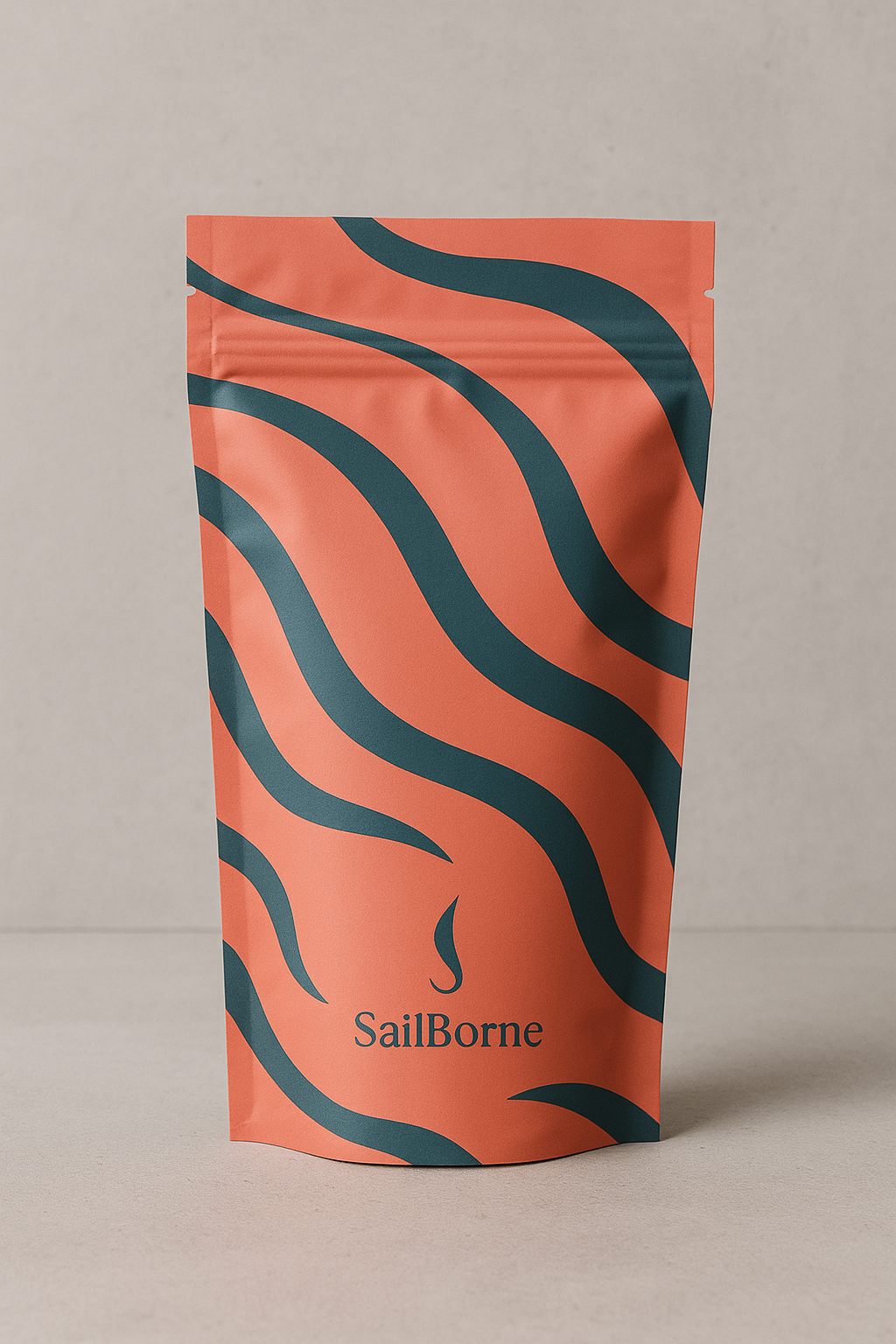 A peach-colored pouch with wavy dark blue lines and a stylized seahorse, featuring the text 'SailBorne' on the front.