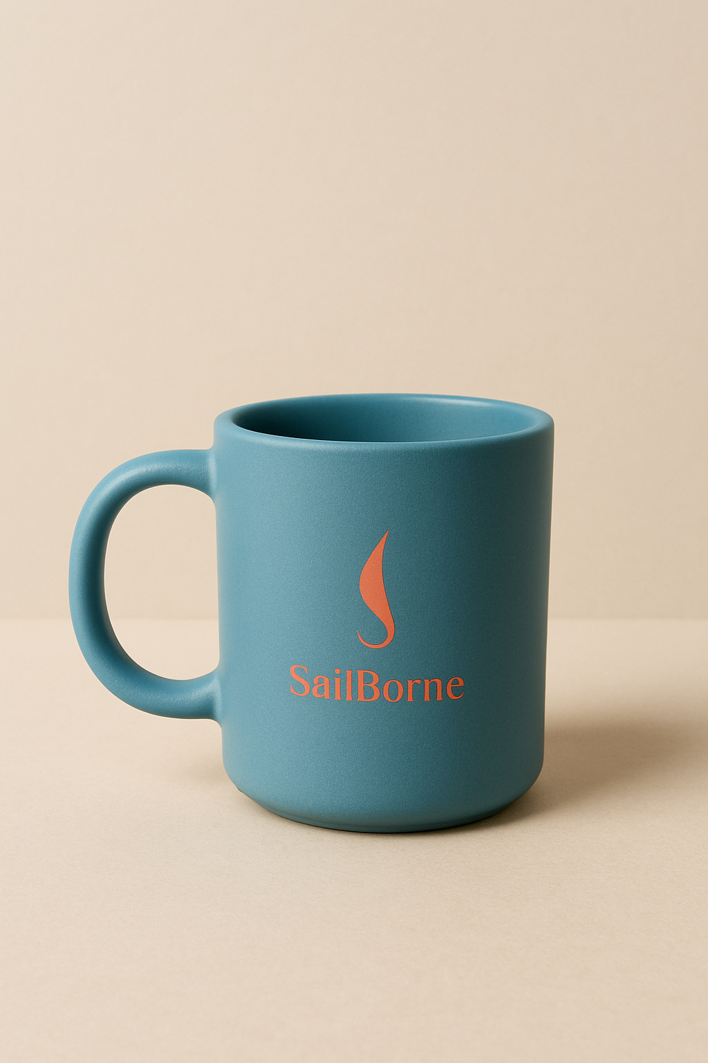 A blue ceramic mug with an orange flame logo and the word "SailBorne" printed on it, placed on a neutral background.