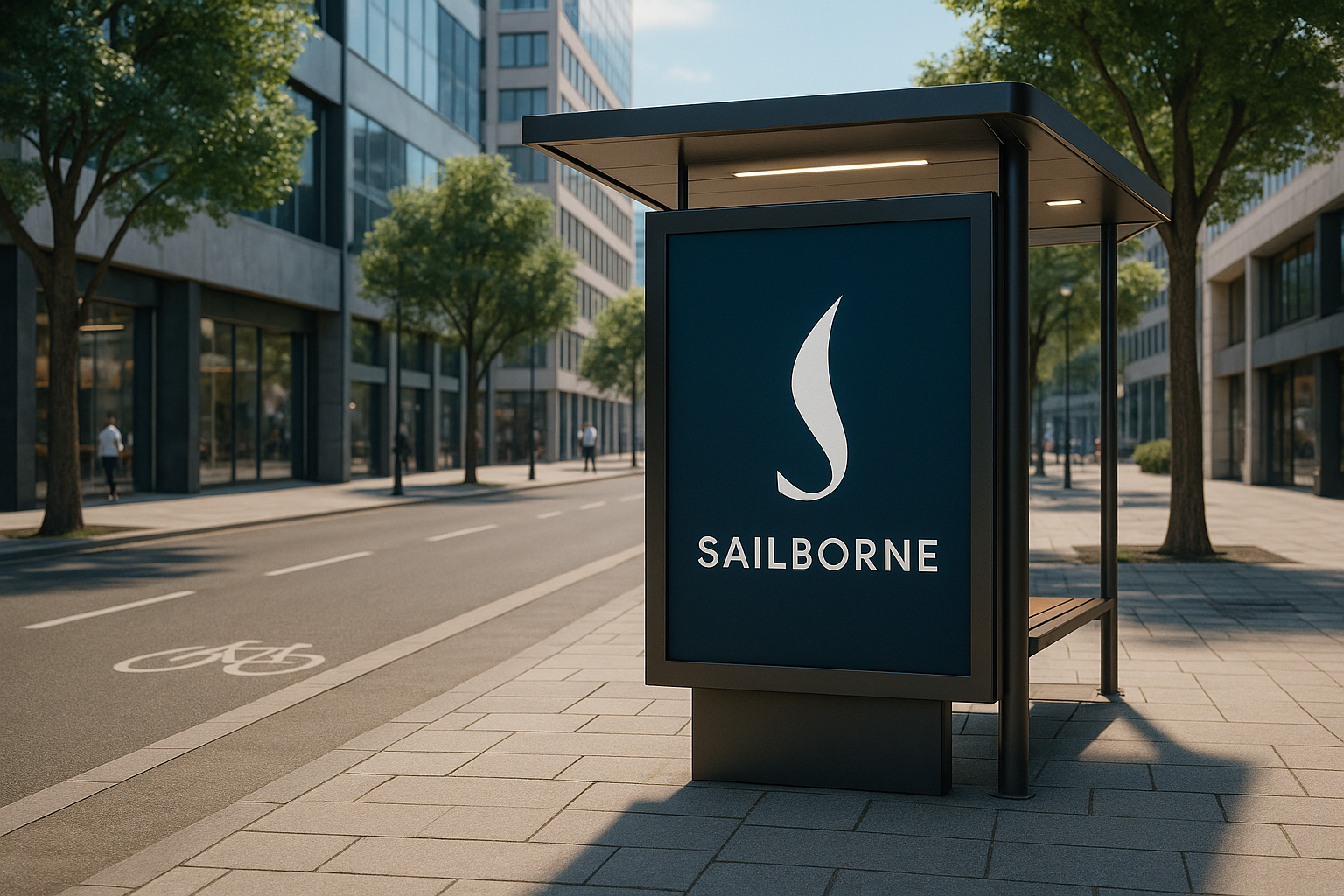 A modern bus stop shelter on a city sidewalk with a digital advertisement display for Sailborne, featuring a stylized sail icon and the brand name.