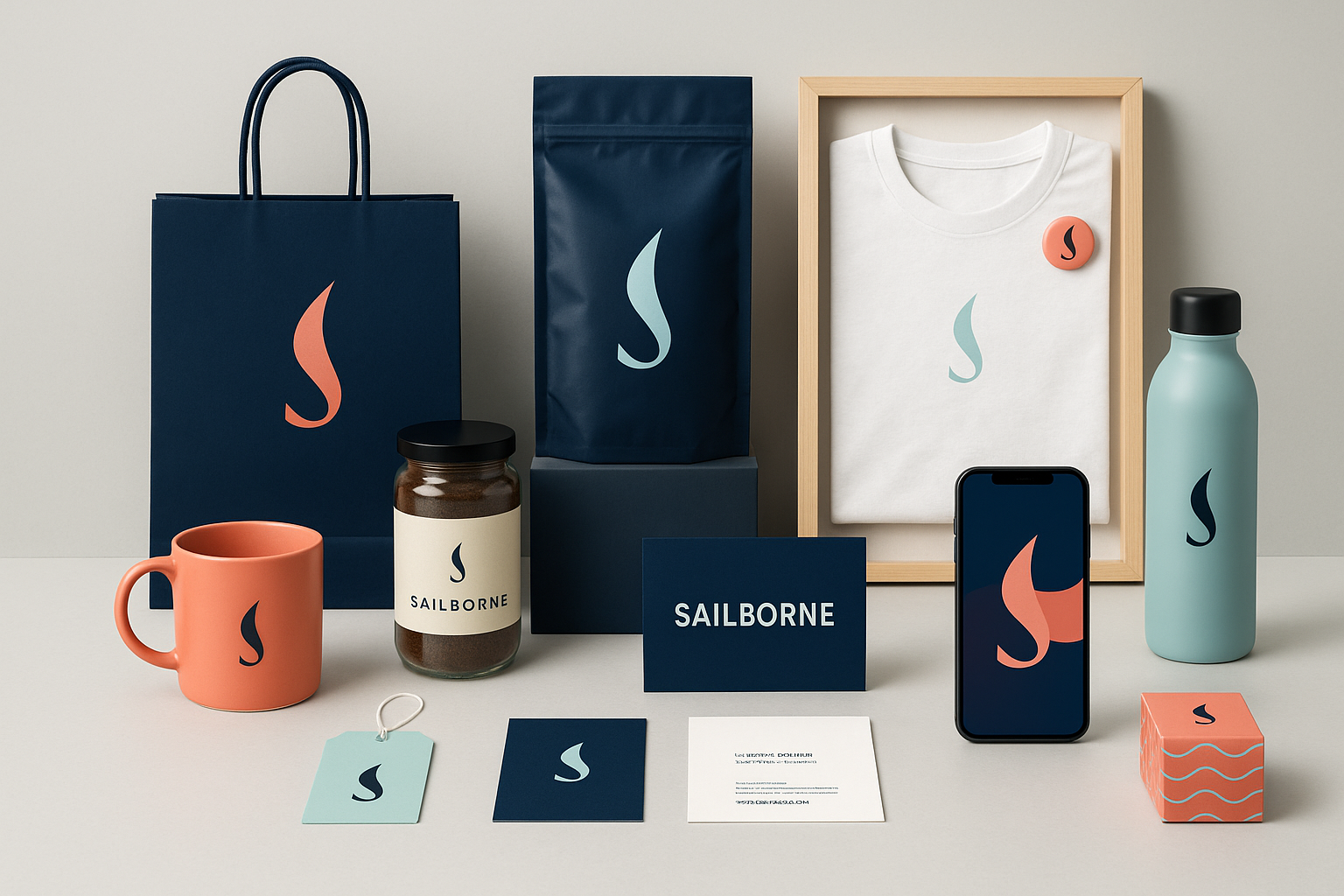 Collection of Sailborne branded products including a navy shopping bag, a navy pouch, a framed white t-shirt, a peach coffee mug, a jar of coffee, a smartphone, a light blue water bottle, a navy business card, a light blue tag, a white card, and a coral box, all featuring the Sailborne logo.