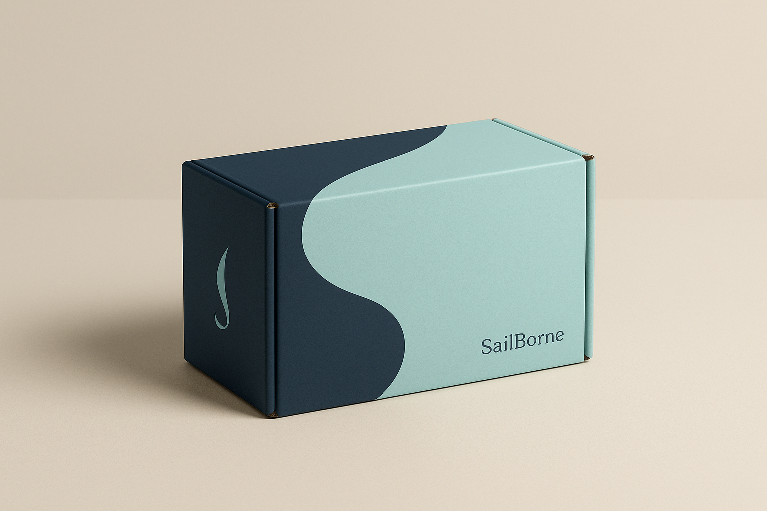 A rectangular box with a light blue and dark blue abstract design and the text 'SailBorne' on it, placed on a beige surface.