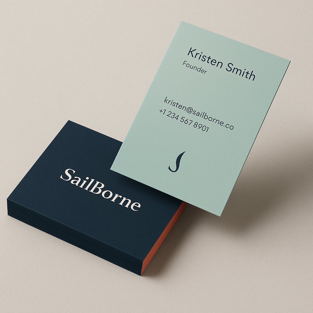 Business card with the name Kristen Smith, founder, contact email kristen@sailborne.co, and phone number +1 234 567 8901, placed above a navy blue stack of business cards with "SailBorne" written on them.