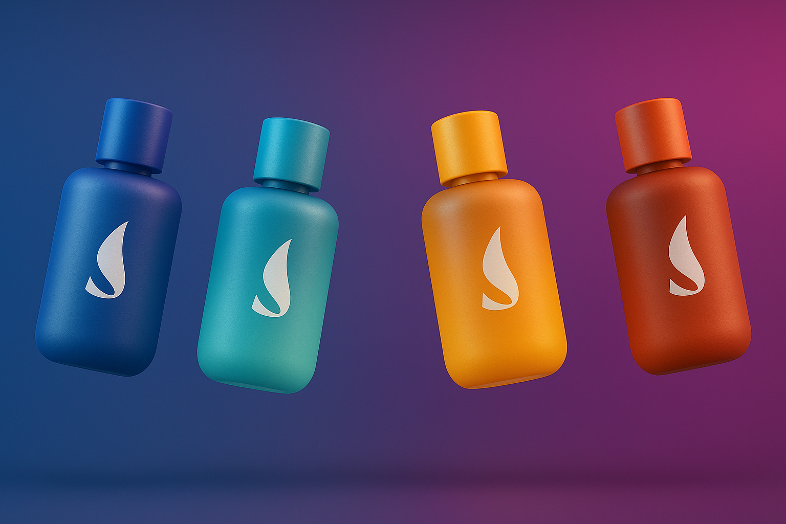 Four colorful bottles with white flame logo, arranged from left to right in blue, teal, orange, and red, against a gradient background.