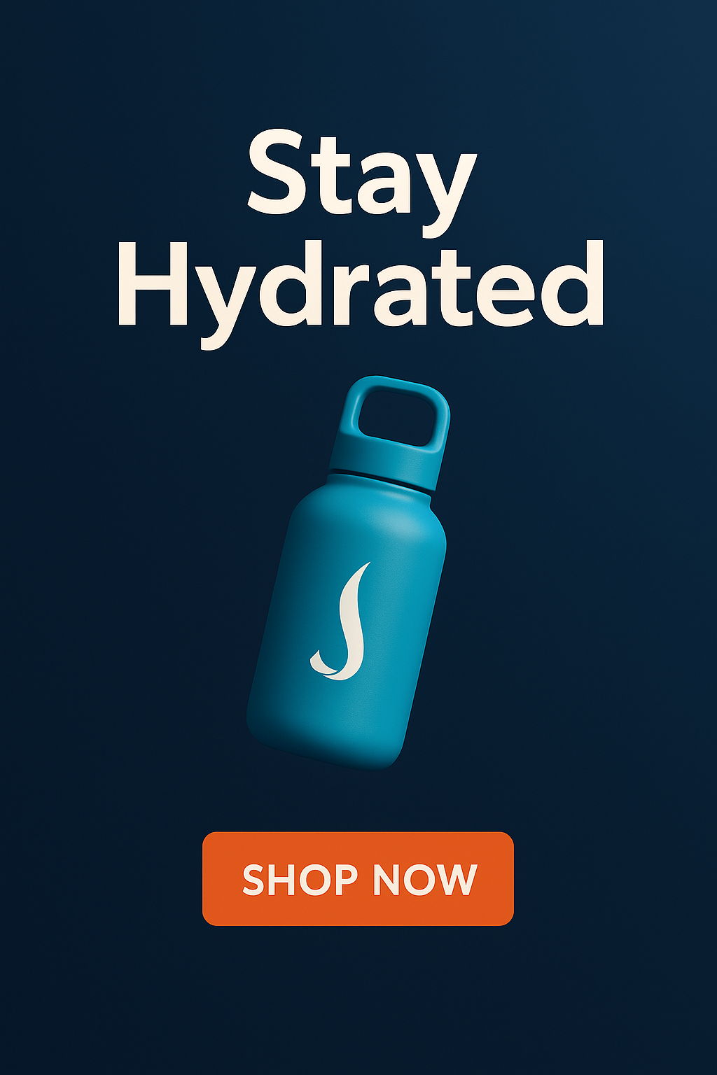 A blue water bottle with a white logo, the text 'Stay Hydrated', and an orange button that says 'Shop Now'