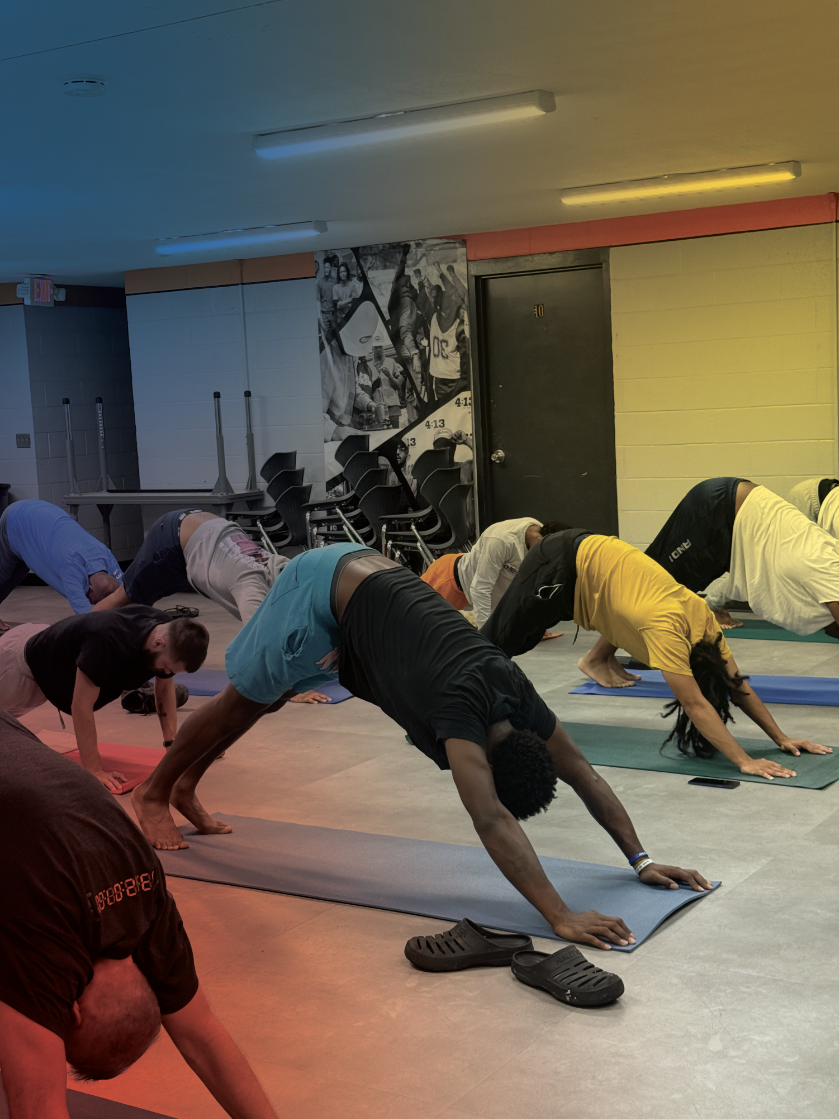 People practicing yoga in a studio, doing downward dog poses on yoga mats.