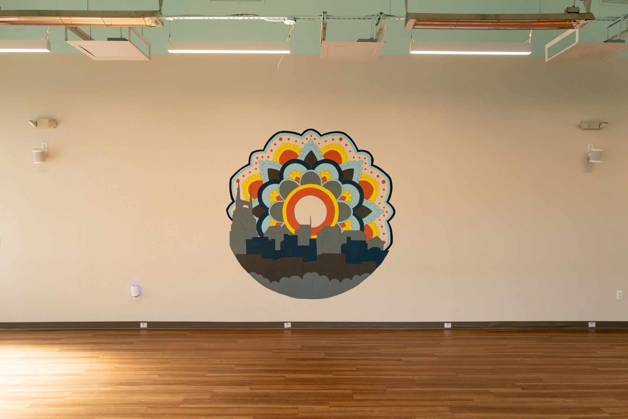 Mandela mural of the Nashville skyline in a yoga studio