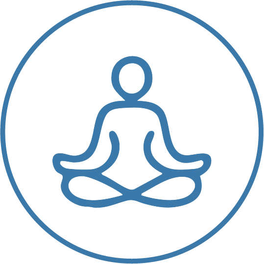 Line drawing of a person sitting in a meditative pose with legs crossed and hands resting on knees, enclosed in a circle.