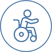 Wheelchair icon with a person sitting and pushing the wheels