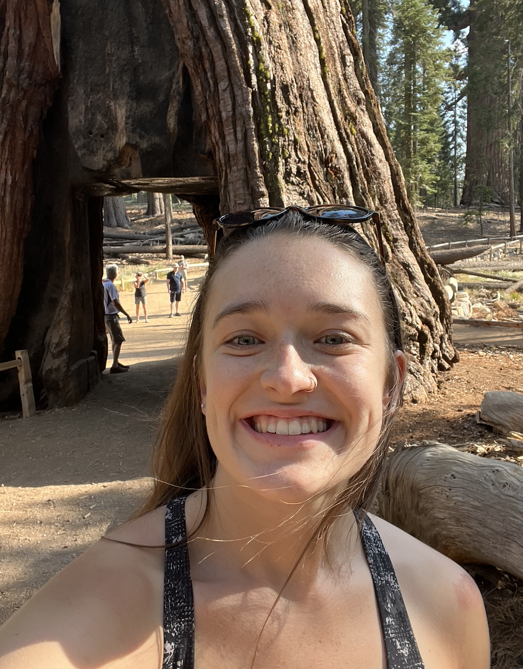 A woman smiling and taking a selfie in front of a large redwood tree in a forest park with other visitors in the background.